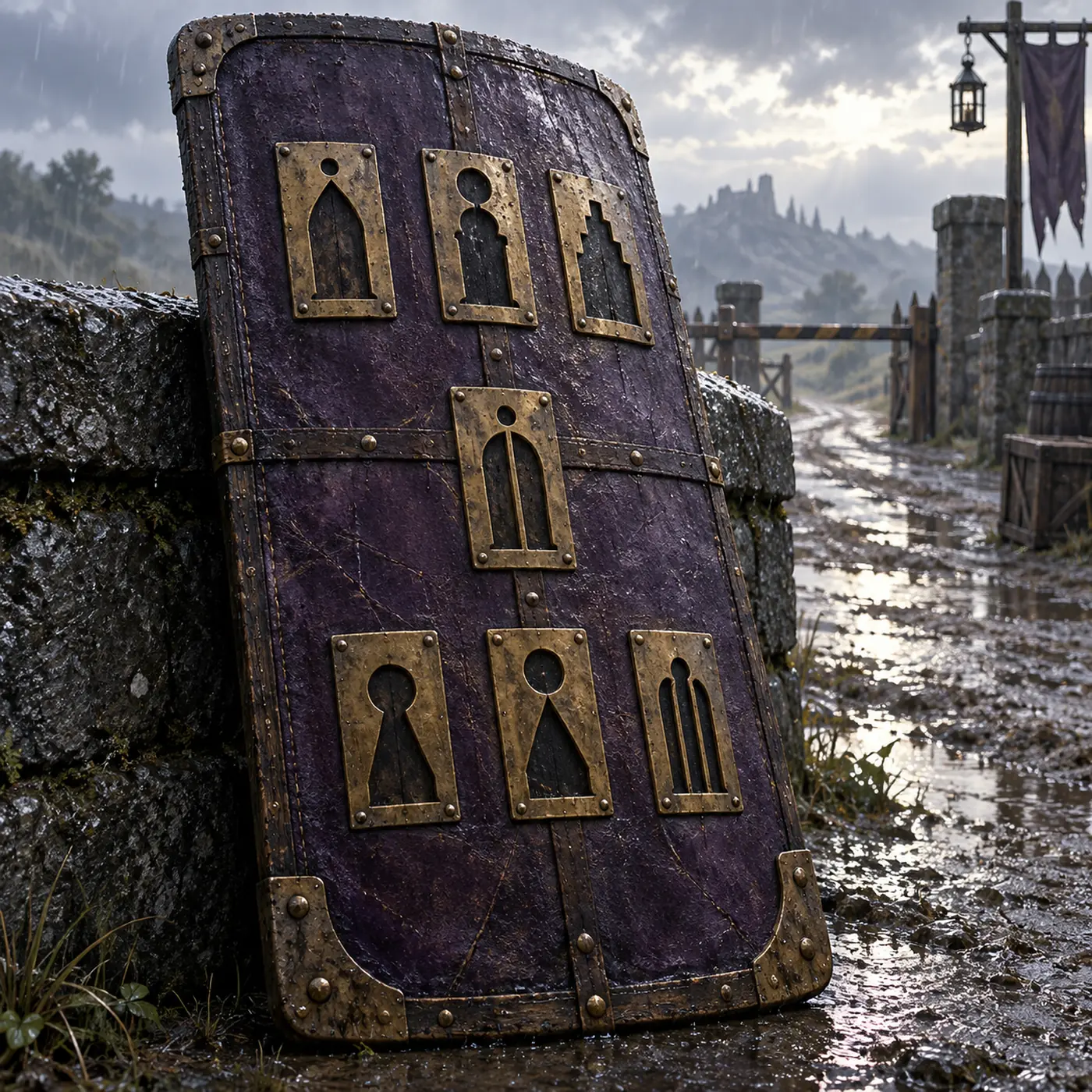 Pavois des Sept Portes de Suzail, un grand pavois de chêne gainé de cuir violet, muni de sept plaques de laiton interchangeables représentant des portes de Suzail.