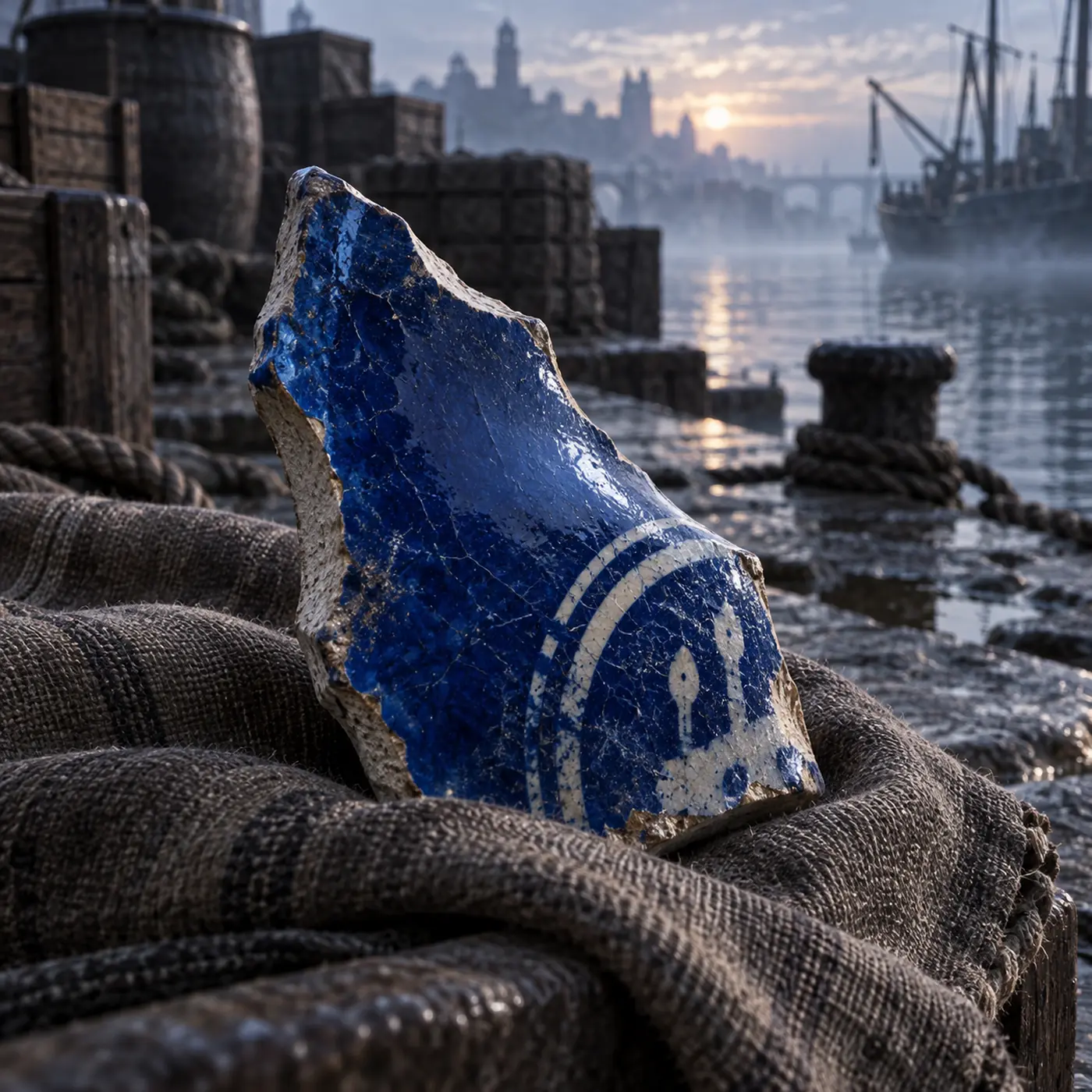 Tesson de Cargaison de Procampur, un tesson de jarre bleue portant une marque de quai incomplète.