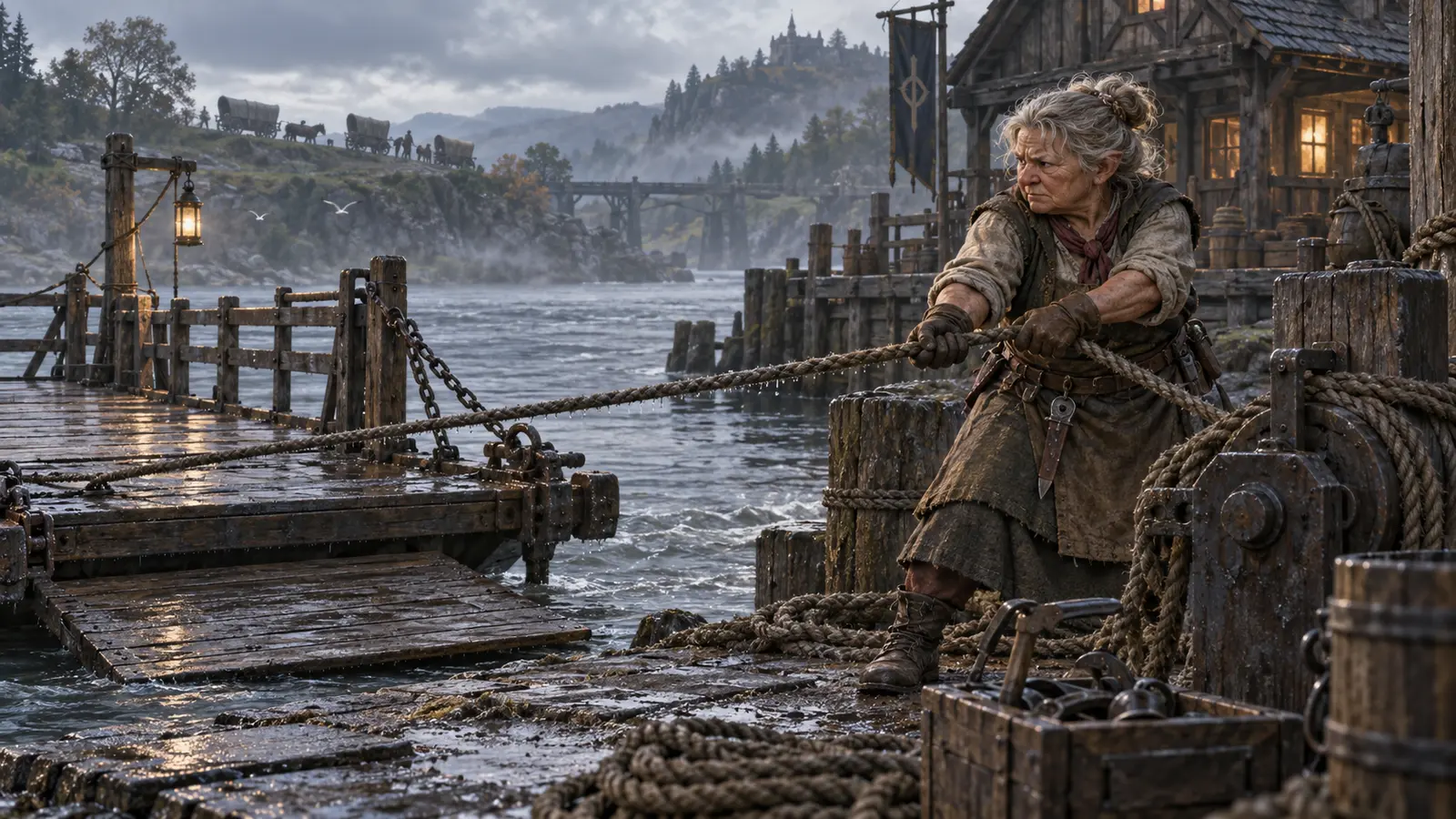 Alia Barque-Sèche, tenancière de relais halfelin, en activité dans son environnement.