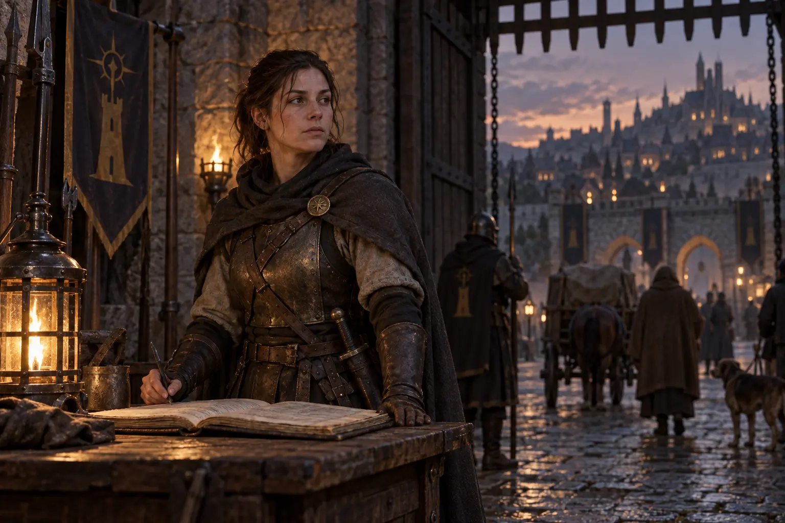 Aline Verrou, garde de porte, dans une porte de ville au crépuscule, registre ouvert et lanterne de garde.