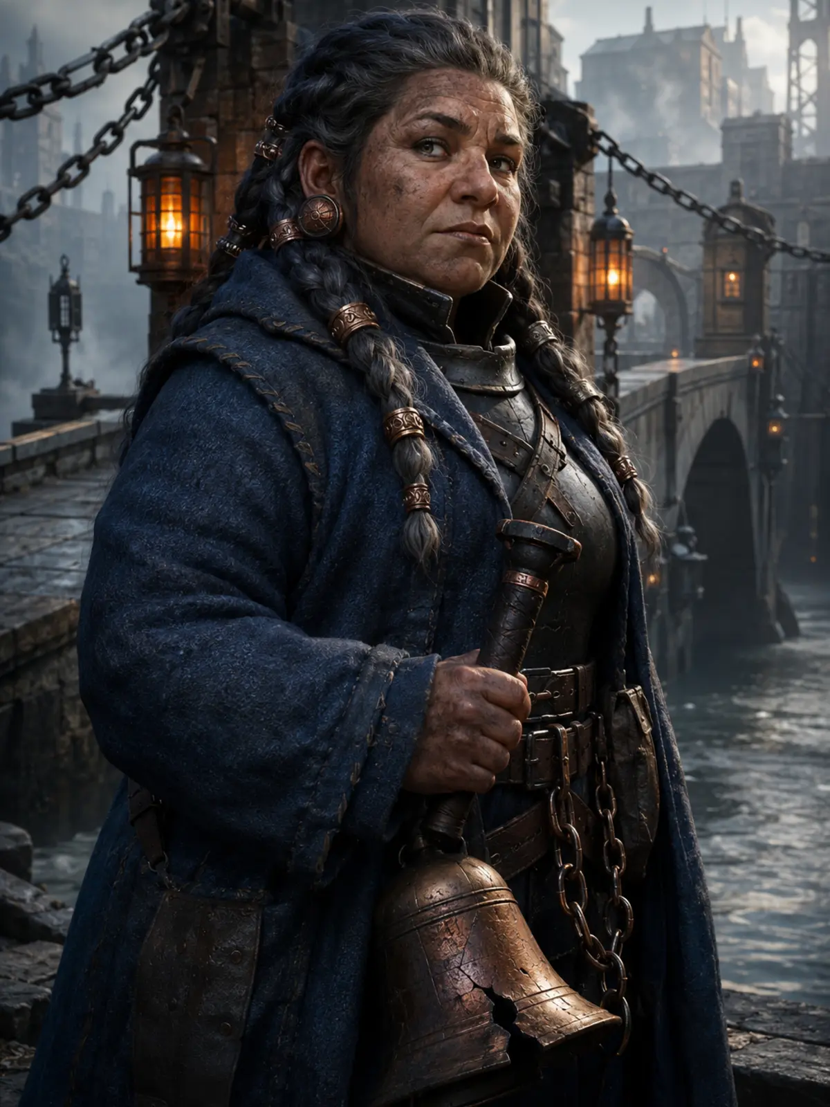Brina Clocheverre, naine sonneuse de pont en manteau bleu et cuirasse sombre, tenant un martelet et une cloche fendue.