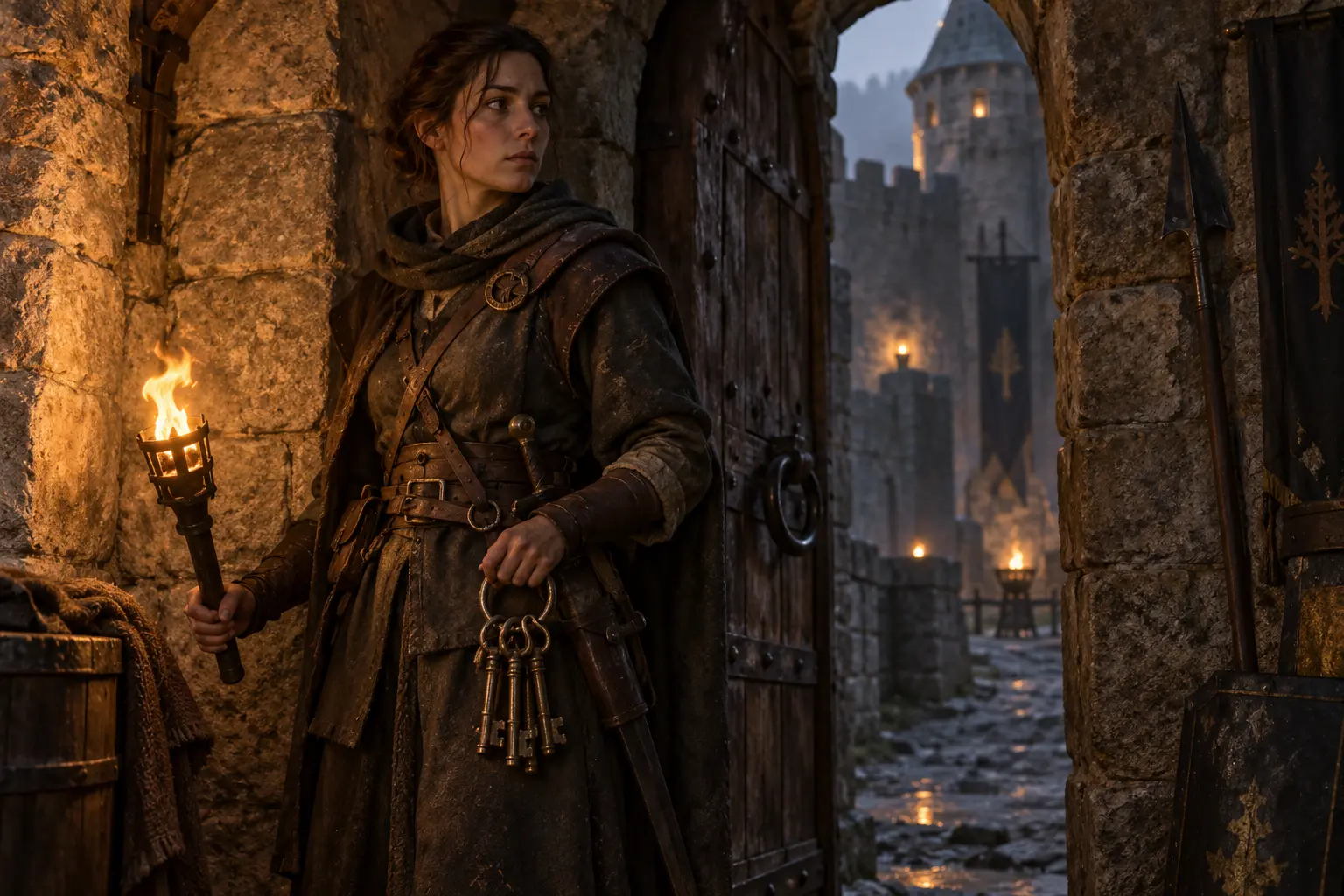 Céliane Tourneclef, sentinelle du château, dans une poterne de château en pierre, trousseau de clés et torche basse.