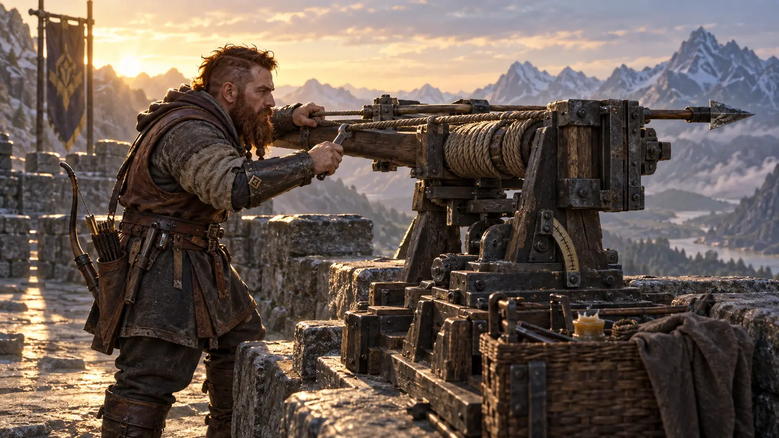 Darvin Roc-Court, archer de rempart nain, en activité dans son environnement.