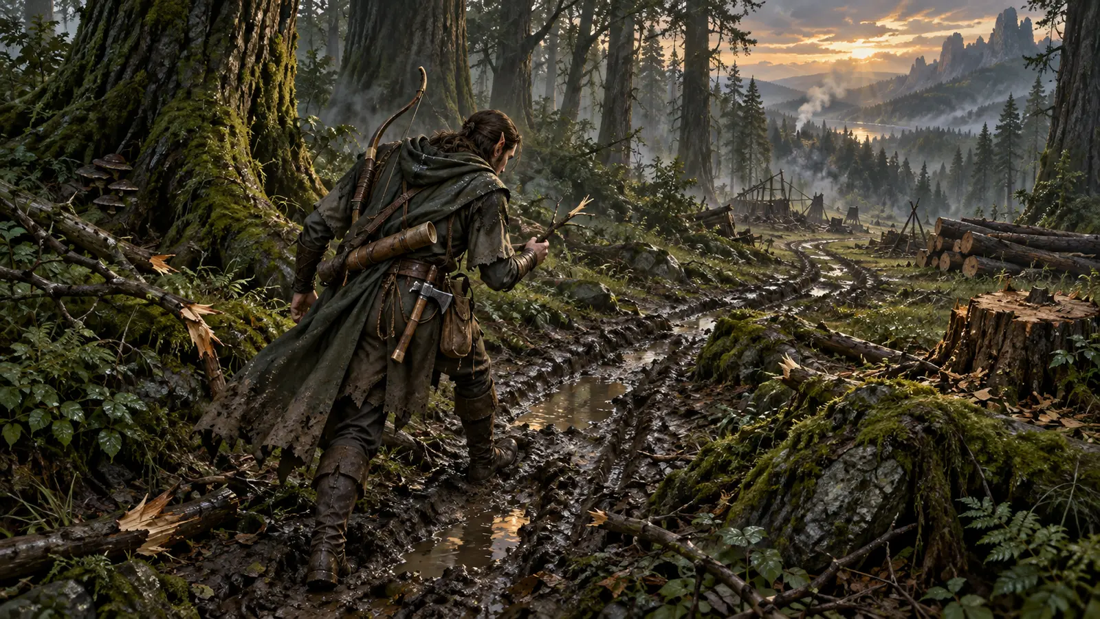 Edrin Pas-de-Loup, pisteur elfe, en activité dans son environnement.