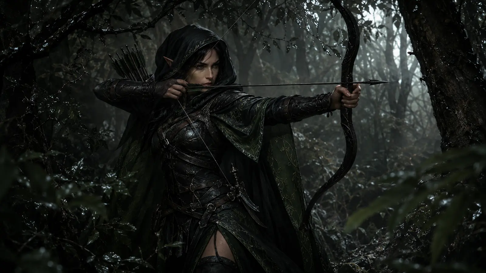 Elyra Roncedos, elfe sylvestre en capuche noire et toge noire et vert bouteille, visant avec un arc sombre dans une forêt.