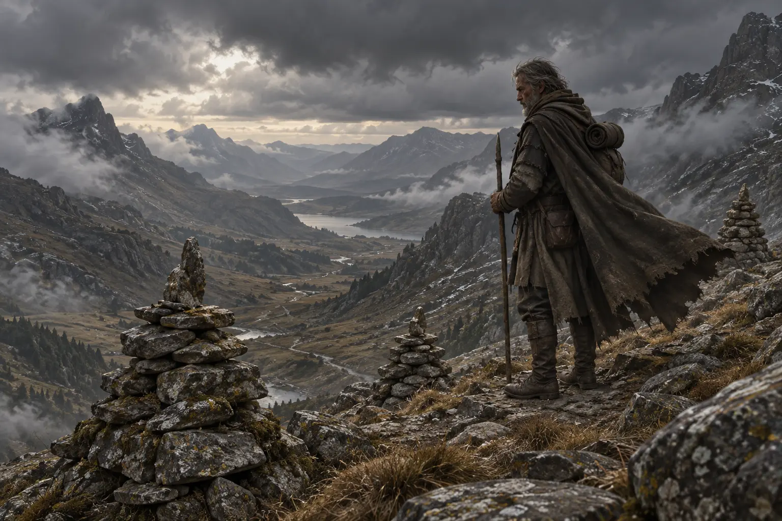 Faron Haut-Col, veilleur de col, dans un col de montagne sous des nuages lourds, cape battue par le vent et cairns.