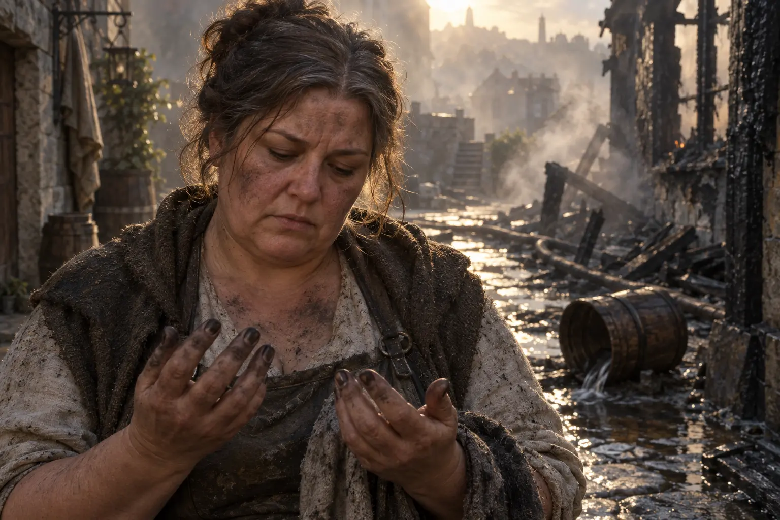 Gaëlle Cendre-Sous-Ongles, témoin d’un incendie, dans une ruelle après un incendie maîtrisé, seau renversé, suie et lumière de matin.