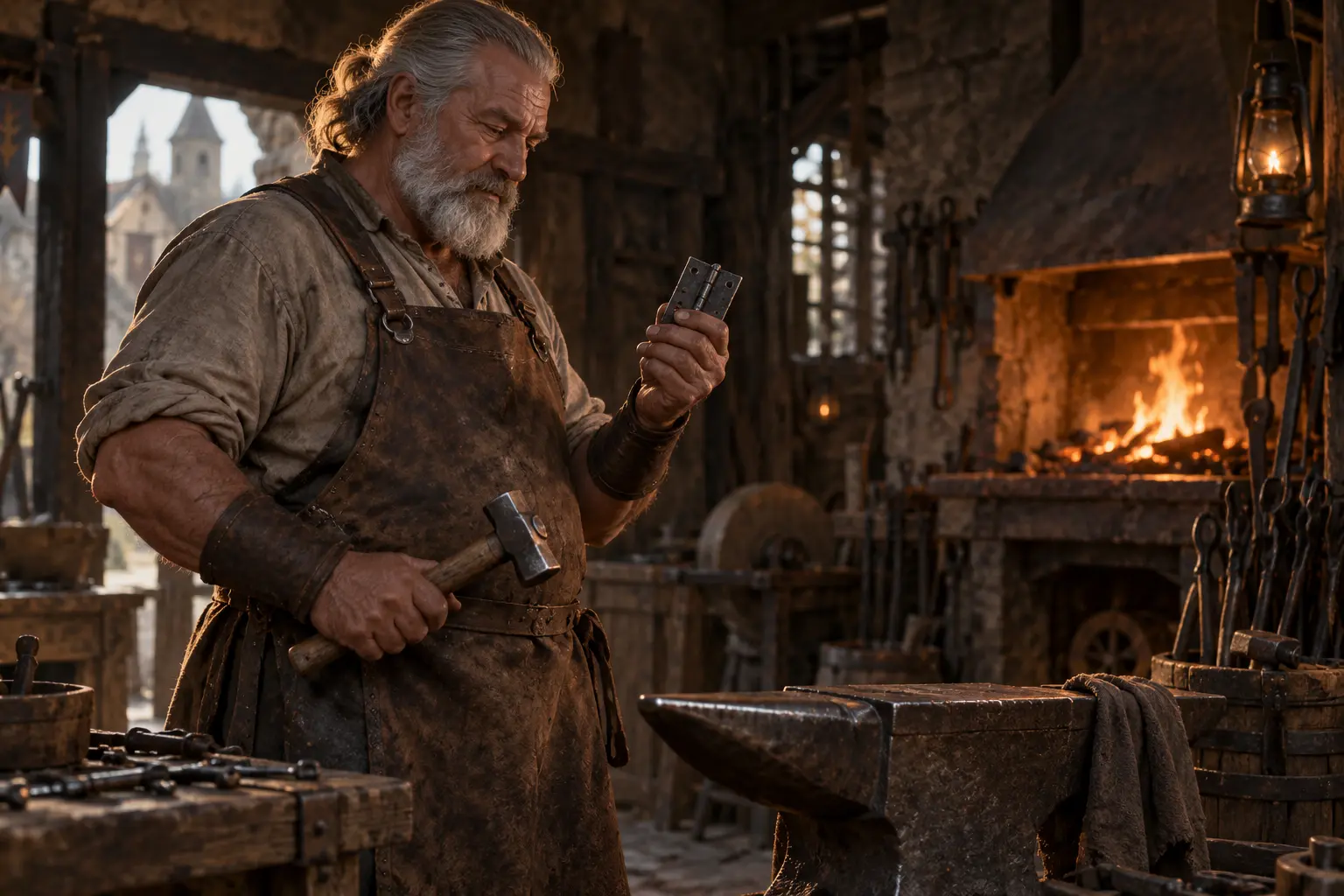 Garin Marteau-Doux, forgeron de quartier, dans une forge modeste en activité, tablier de cuir et marteau léger.