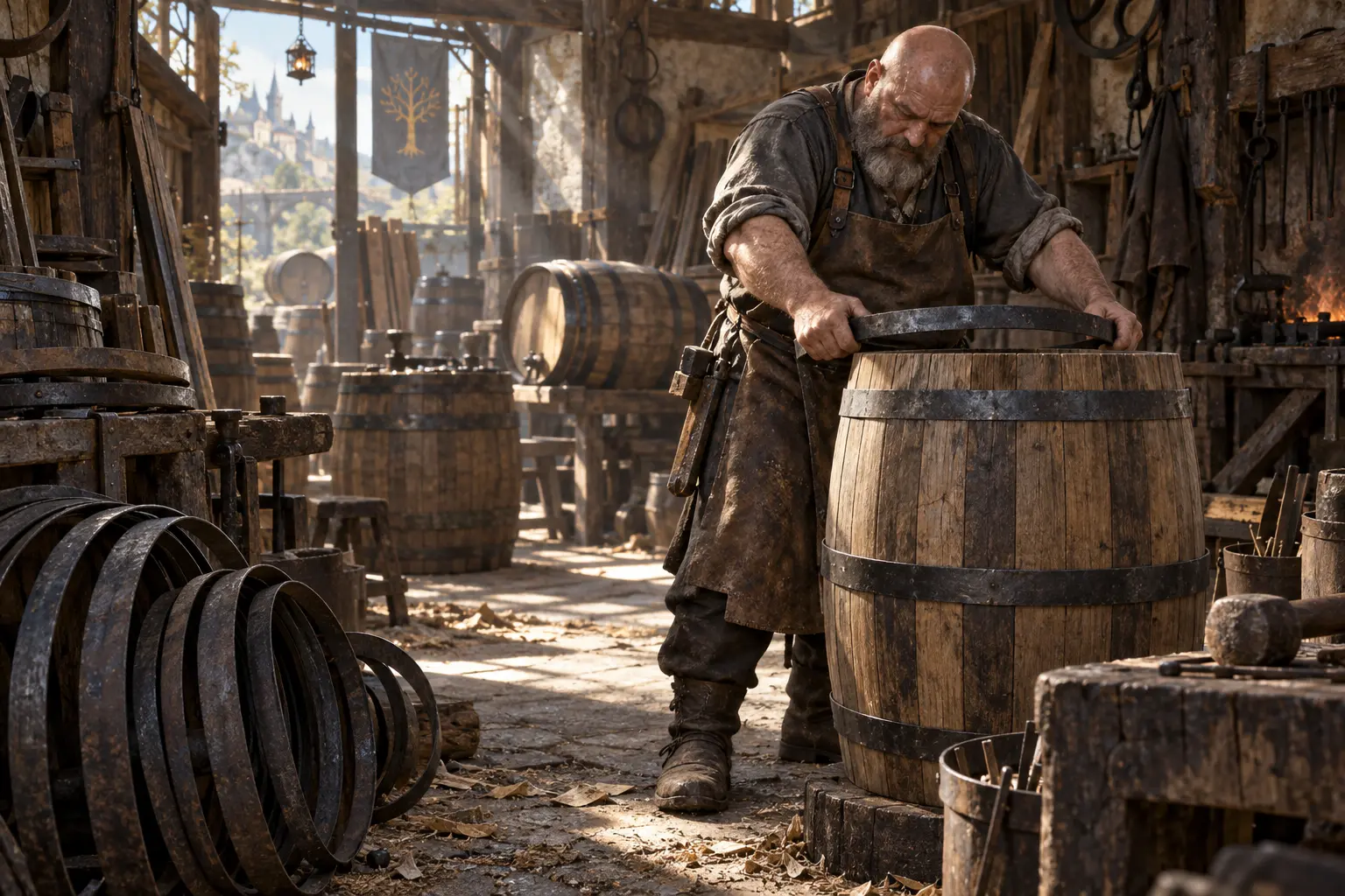 Ivo Tonnelet, tonnelier, dans un atelier de tonnelier encombré de cercles de fer et de fûts en bois.
