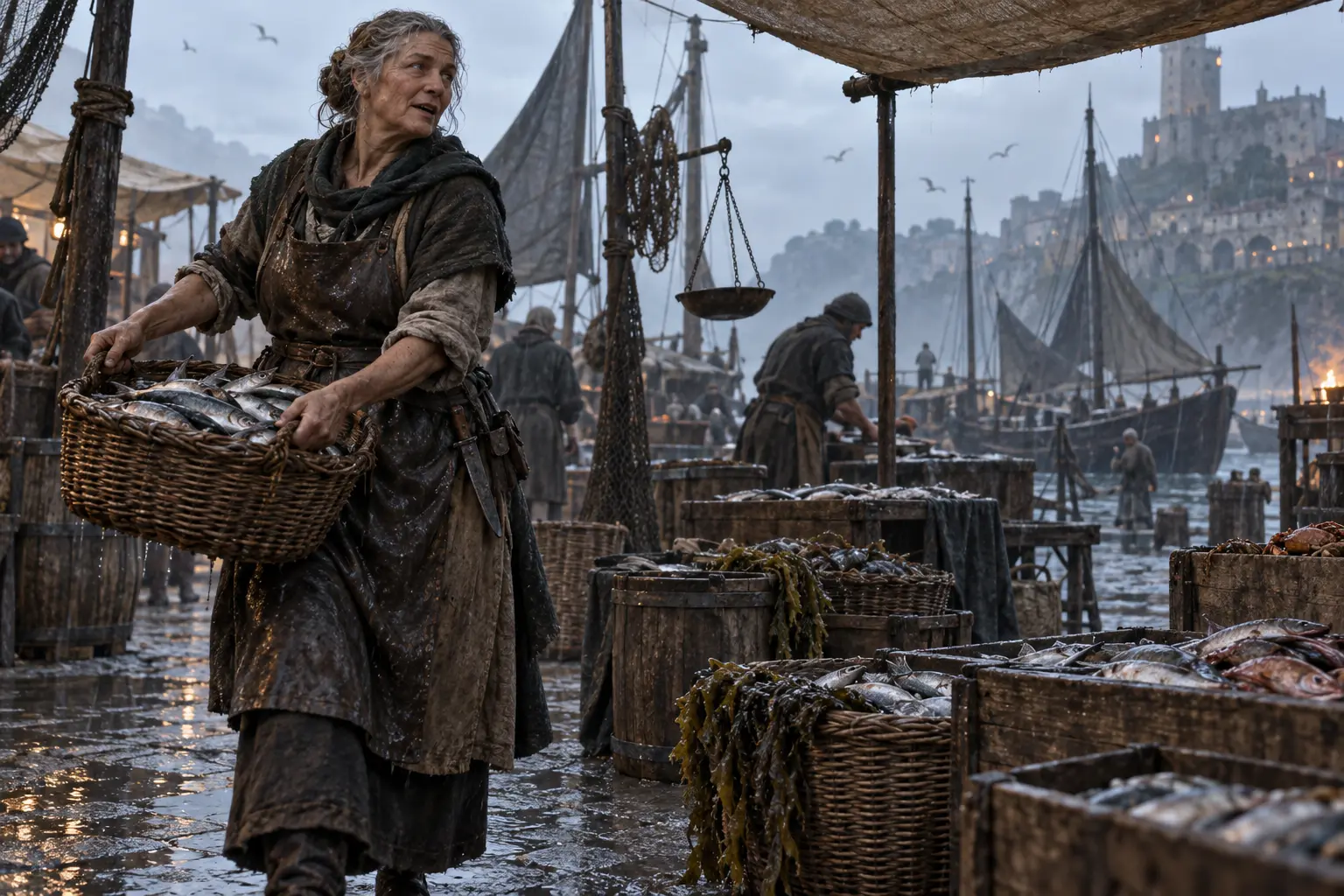 Janna Sel-Gris, marchande de poisson, dans un marché aux poissons sur un quai côtier, paniers, balance et lumière matinale.
