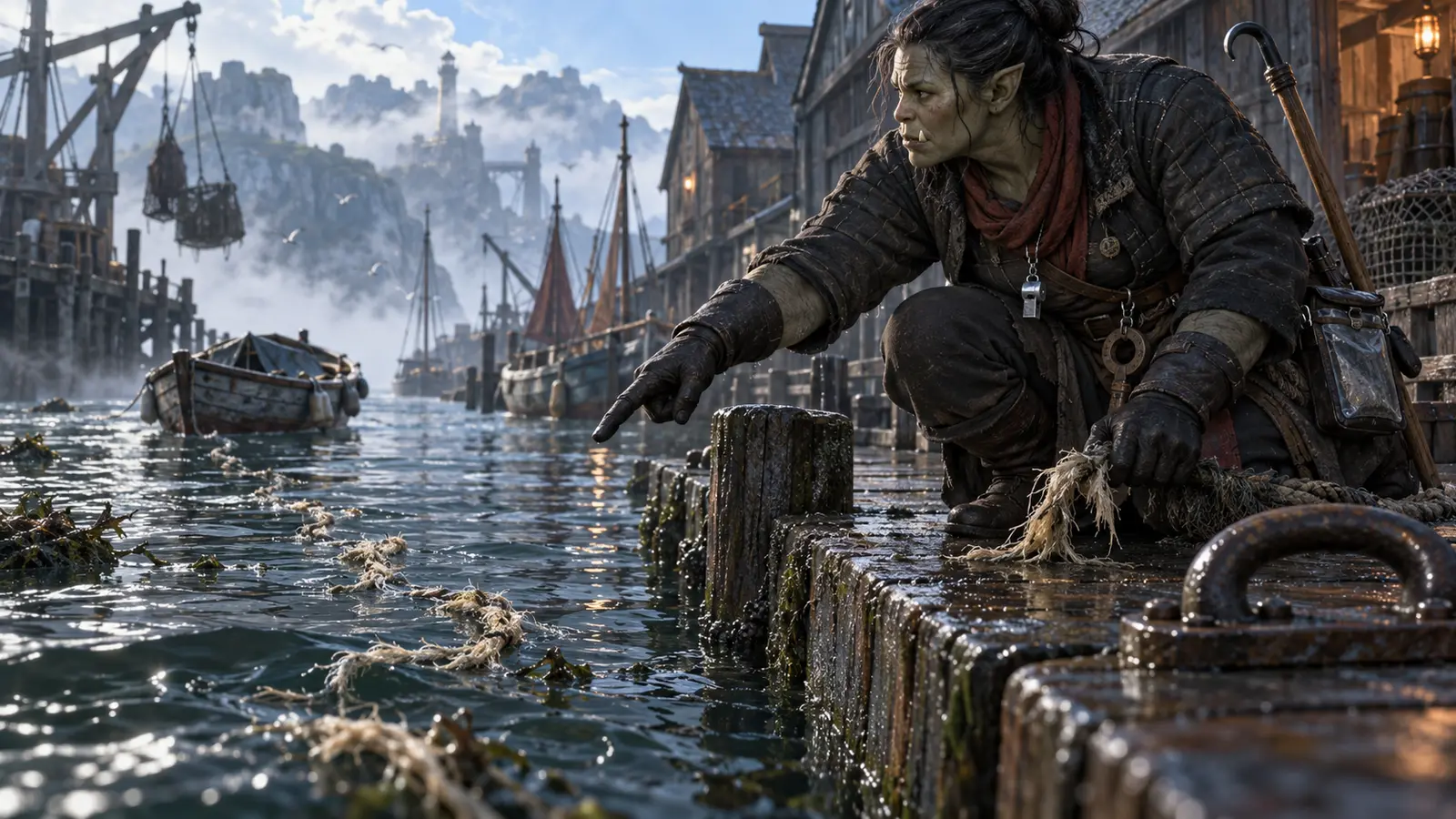 Kesra Main-Sûre, garde de quai orc, en activité dans son environnement.