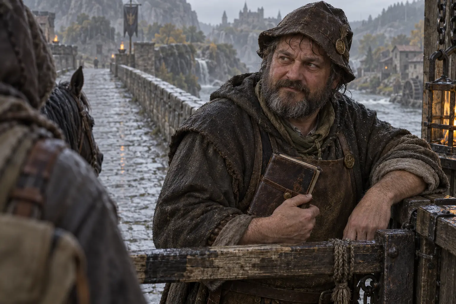 Léon Droit-de-Pont, péager clandestin, dans un vieux pont de pierre sur une rivière, barrière improvisée et carnet de reçus.