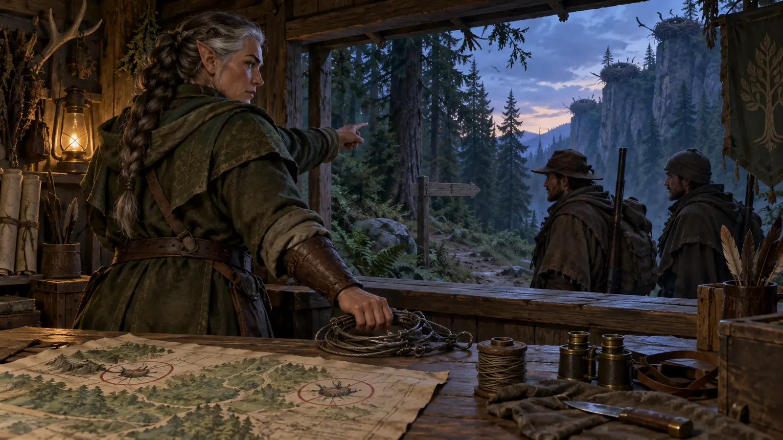 Letha Ronce-Claire, garde forestière elfe, en activité dans son environnement.