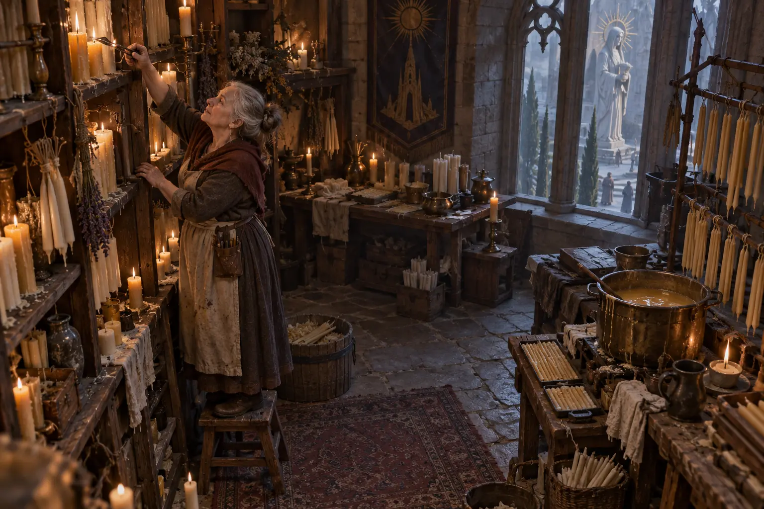Lise Chandelle, cirière, dans une boutique de chandelles près d’un temple, cire chaude et rangées de bougies.