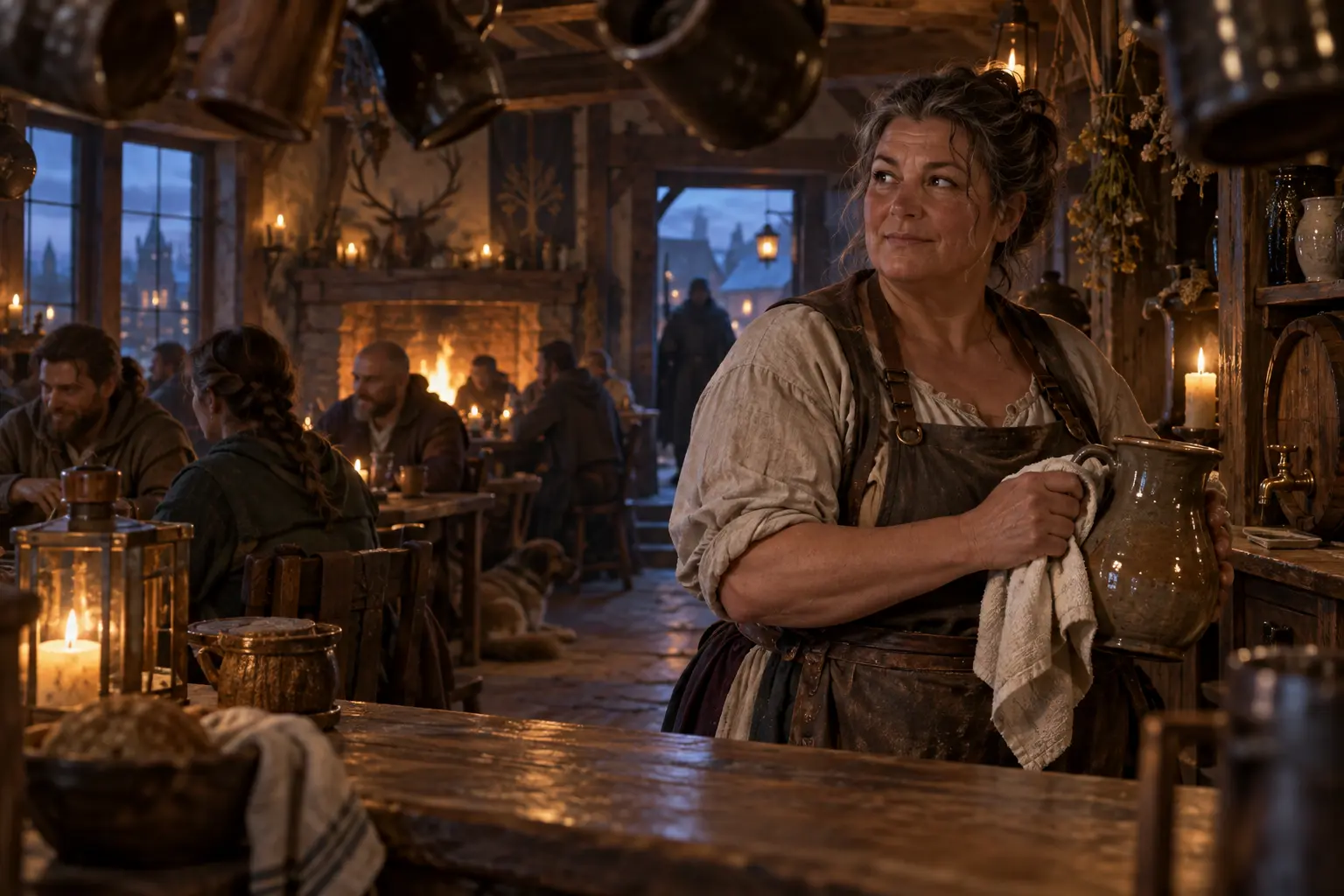 Maro Pichet-Clair, aubergiste, dans une salle d’auberge chaleureuse, comptoir de bois et quelques clients ordinaires.