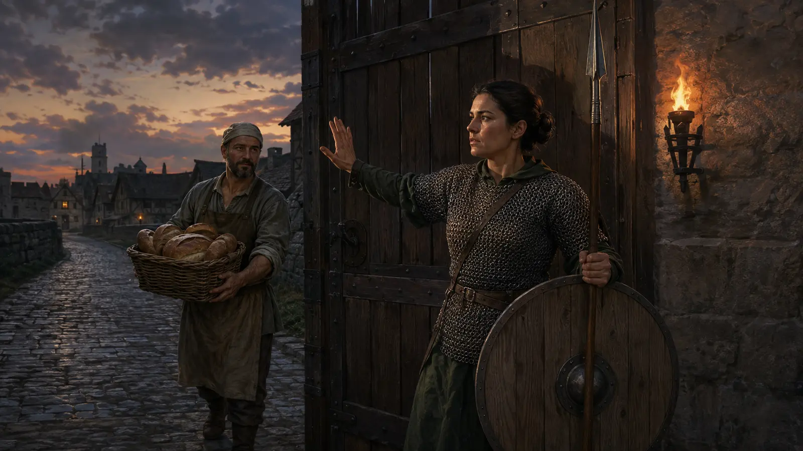 Mila, garde humaine en chemise de mailles, compte les arrivants devant la porte d'une petite ville au crépuscule.