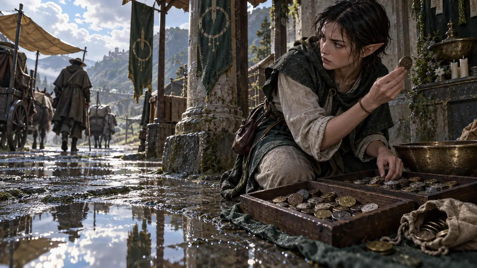 Mirael Corde-Douce, novice de Tymora elfe, en activité dans son environnement.