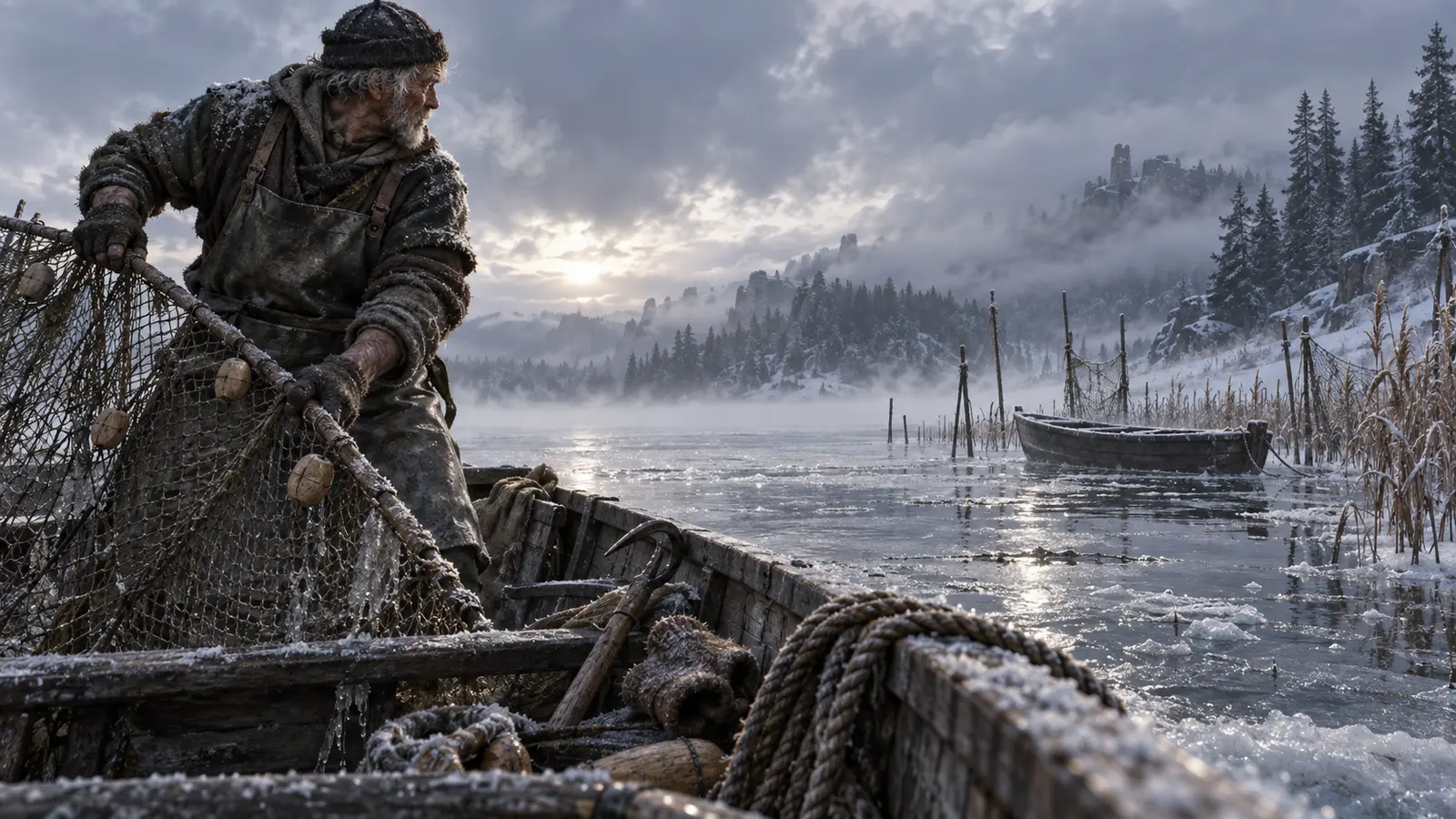 Mosko Filet-Carré, pêcheur de lac humain, en activité dans son environnement.