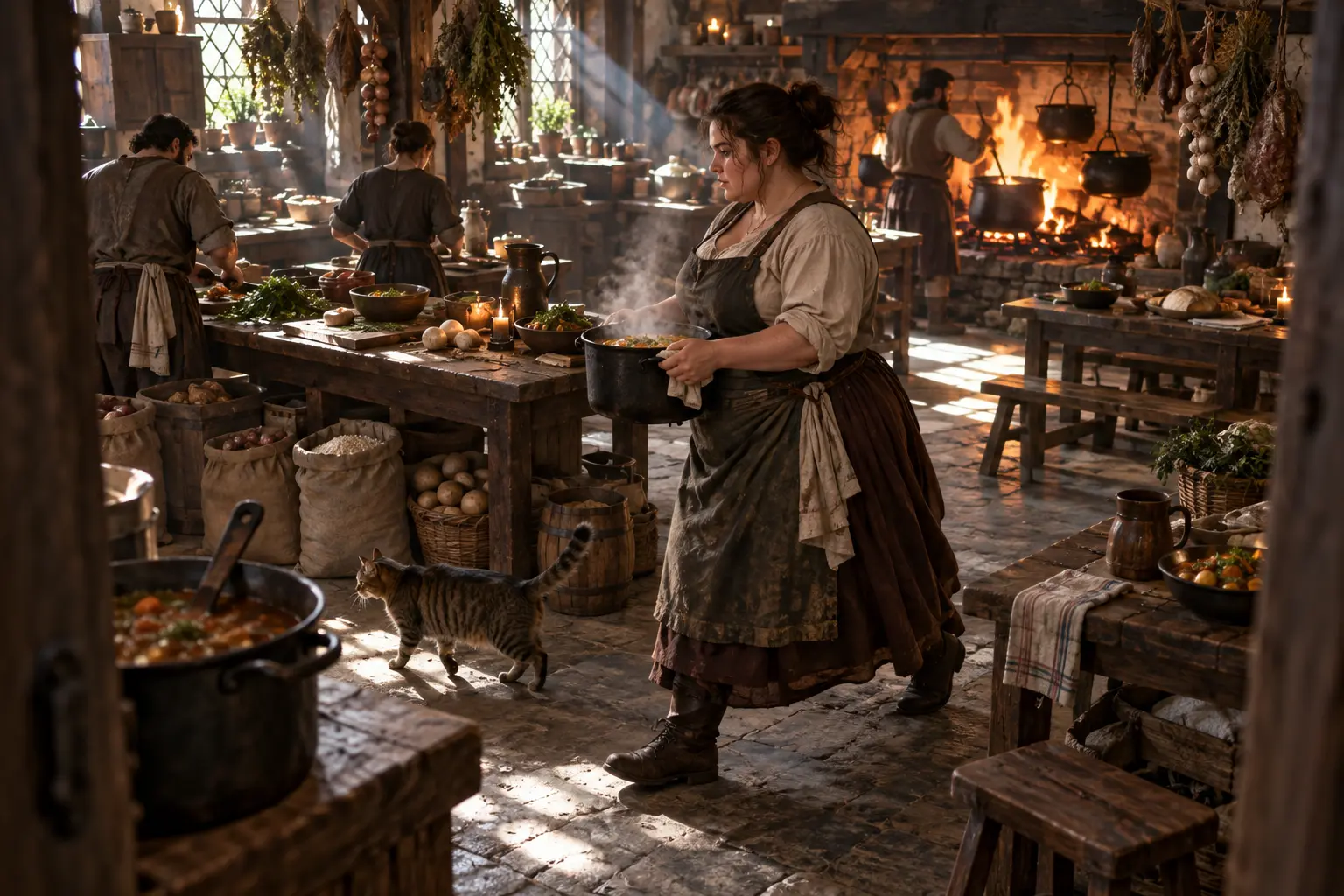 Nessa Trois-Bancs, cuisinière d’auberge, dans une cuisine d’auberge animée, marmites simples, sacs de denrées et feu naturel.