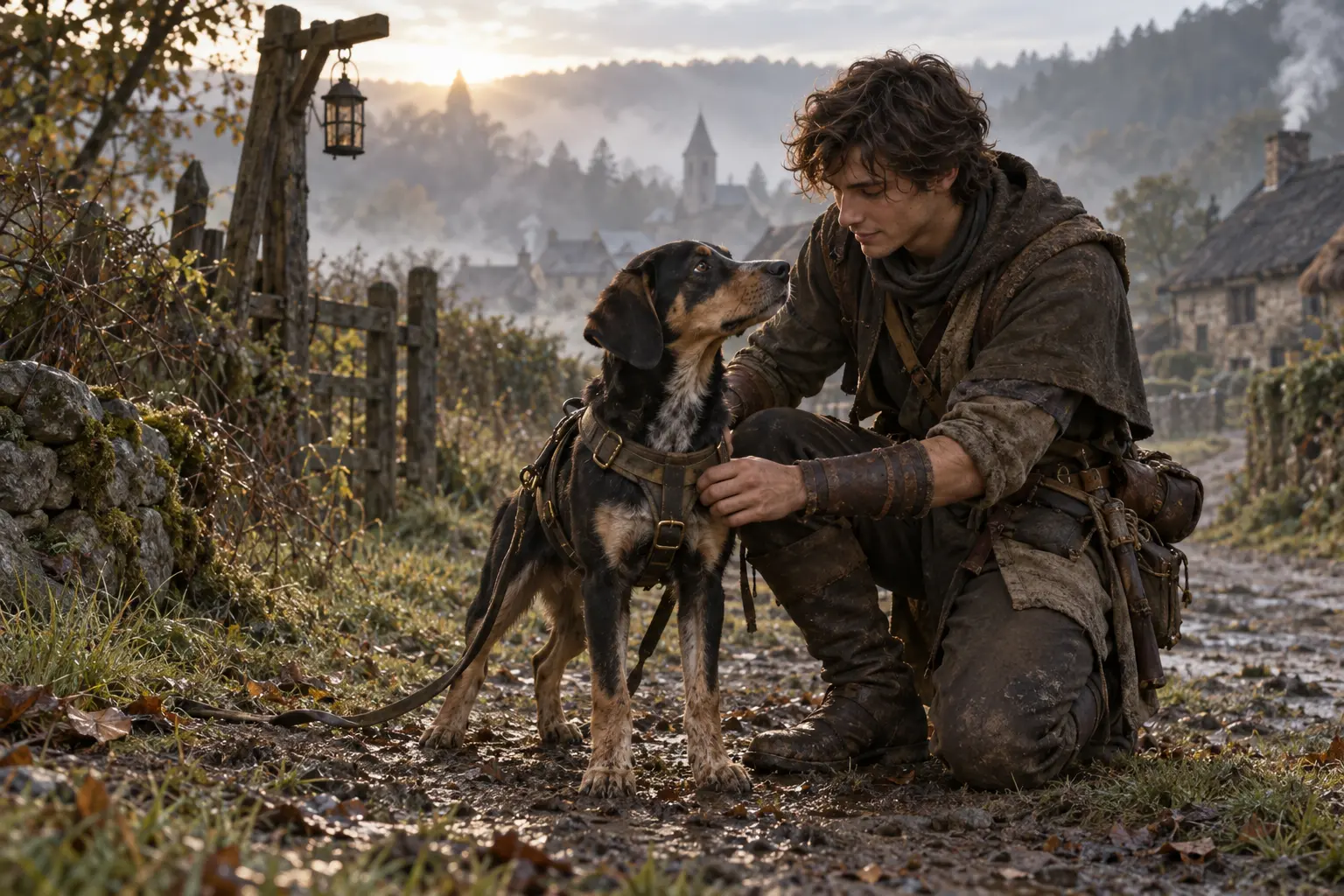 Nolann Chien-Sage, dresseur de chiens de recherche, dans la lisière d’un village, dresseur calme avec un jeune chien en harnais de piste.