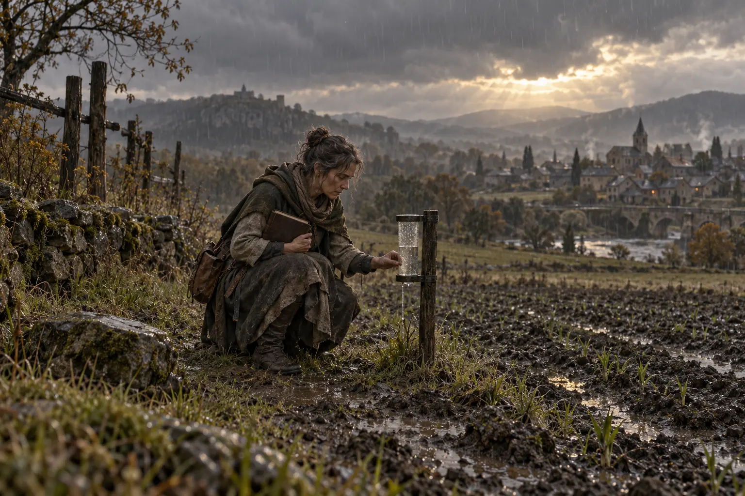 Olympe Compte-Pluie, gardienne du pluviomètre communal, dans un champ près d’un village sous un ciel couvert, jauge de pluie simple et carnet.