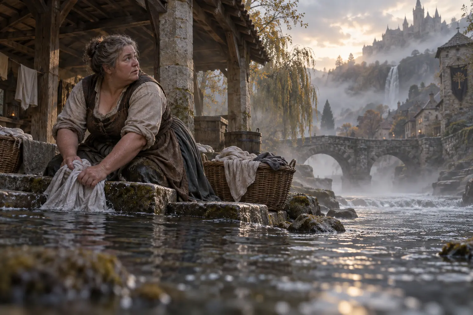 Péline Fenêtre-Ouverte, lavandière, dans un lavoir de village près d’une rivière, paniers de linge et matin brumeux.