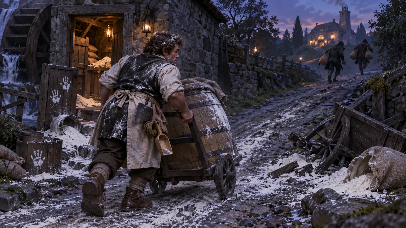 Perrin Miette-Chaude, boulanger halfelin, en activité dans son environnement.