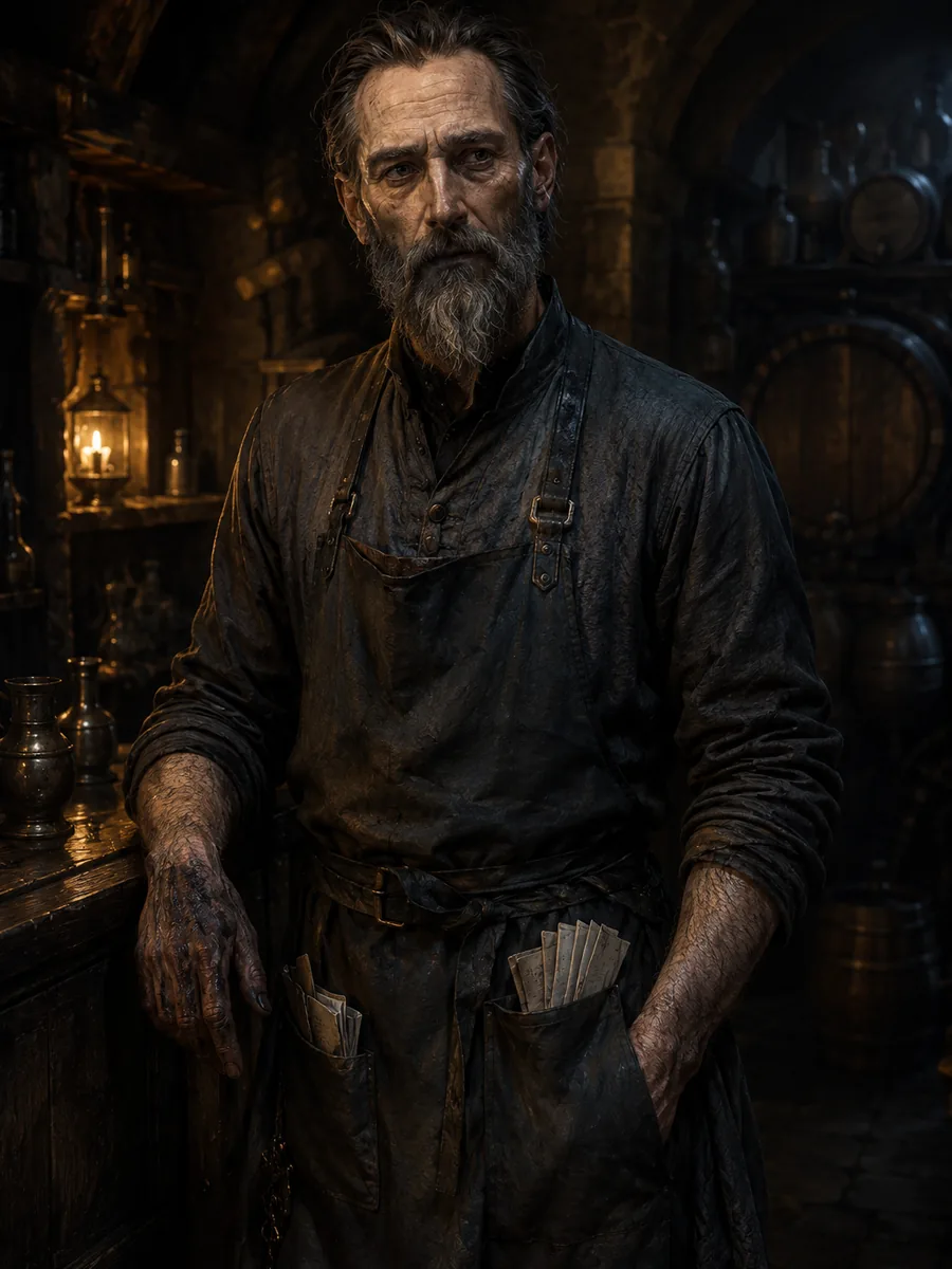 Portrait de Maëron Vives-Cendres, aubergiste sombre au regard grave.