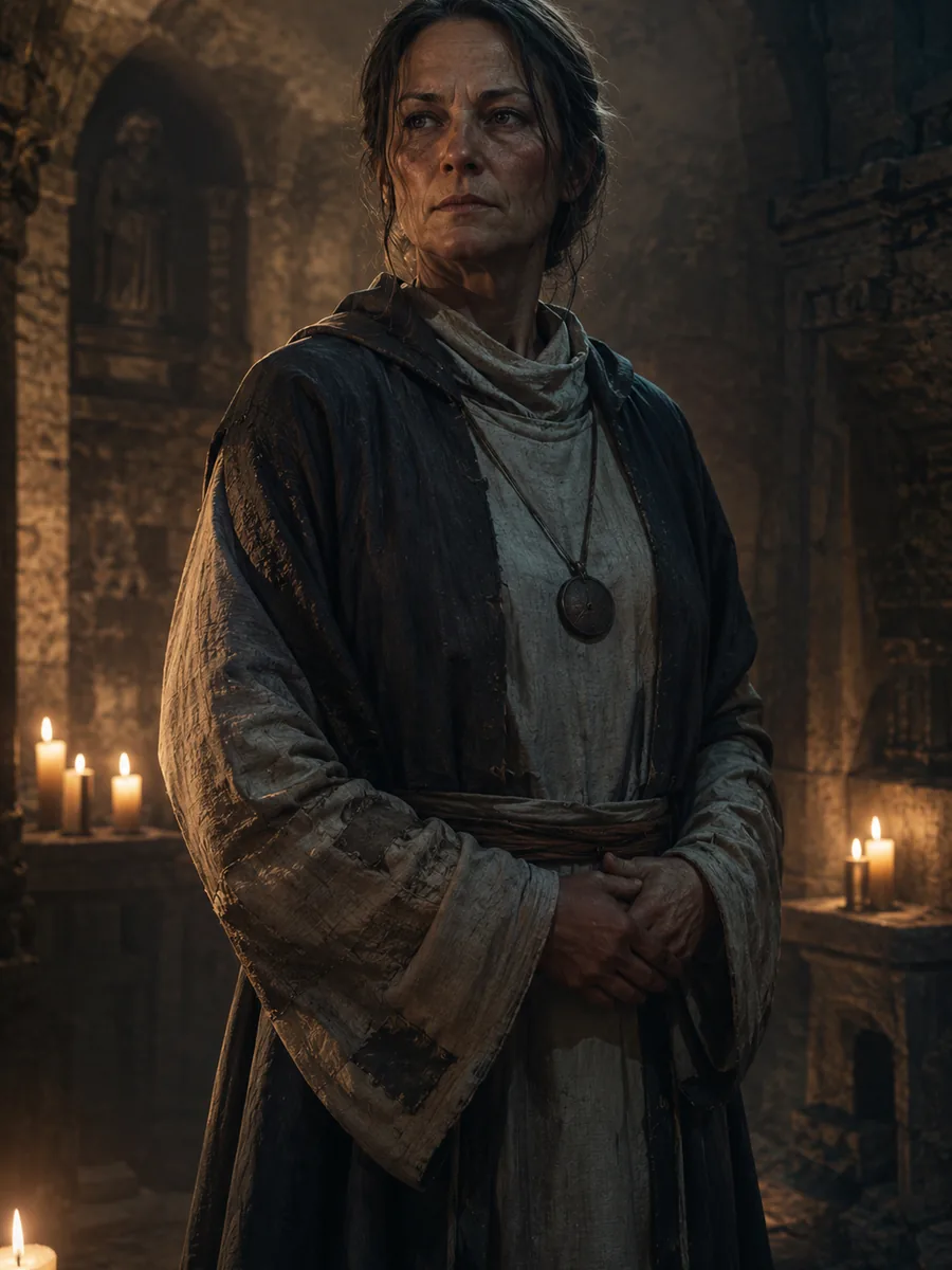 Portrait de Sœur Albrune dans une salle de pierre éclairée par des bougies.