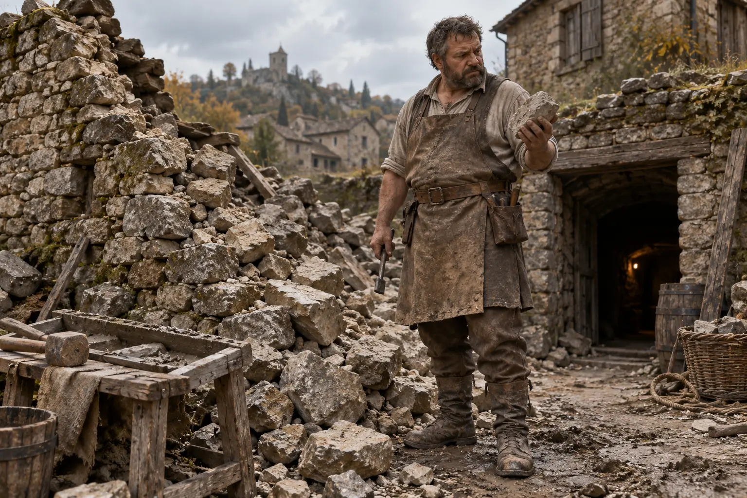Quentin Bonfeu, maçon du hameau, dans un mur de pierre effondré dans un hameau, outils de maçon et ouverture de cave.