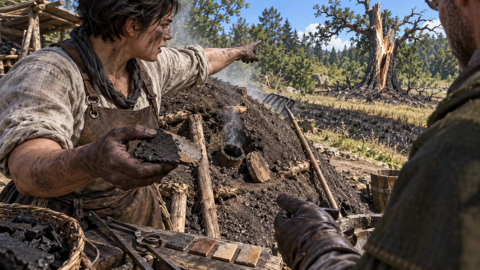 Reva Chêne-Fendu, charbonnière humain, en activité dans son environnement.