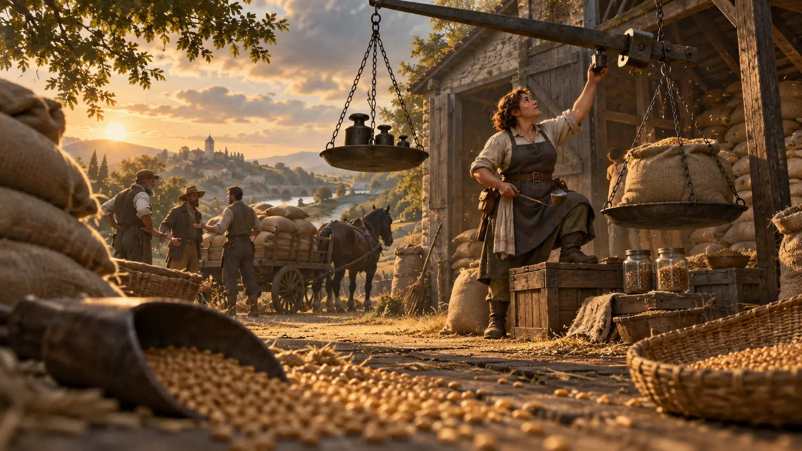 Tessa Mesure-Franche, marchande de grains halfelin, en activité dans son environnement.