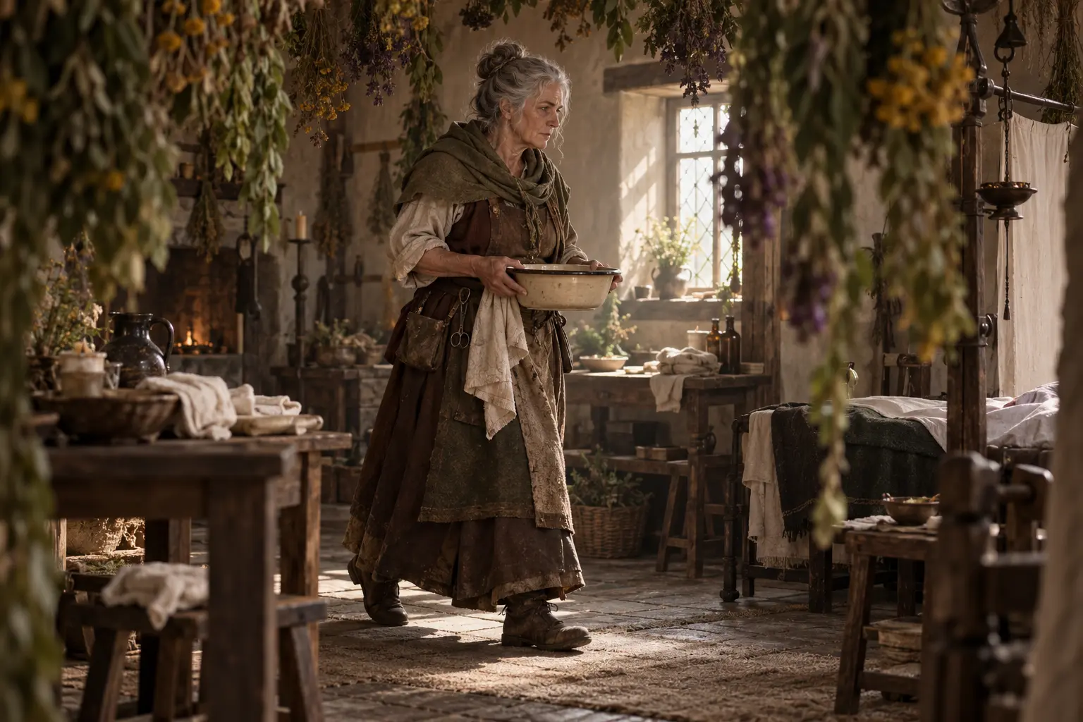 Tilda Herbe-Sainte, soigneuse du sanctuaire, dans un petit sanctuaire rural servant d’infirmerie, herbes suspendues et lumière du jour.
