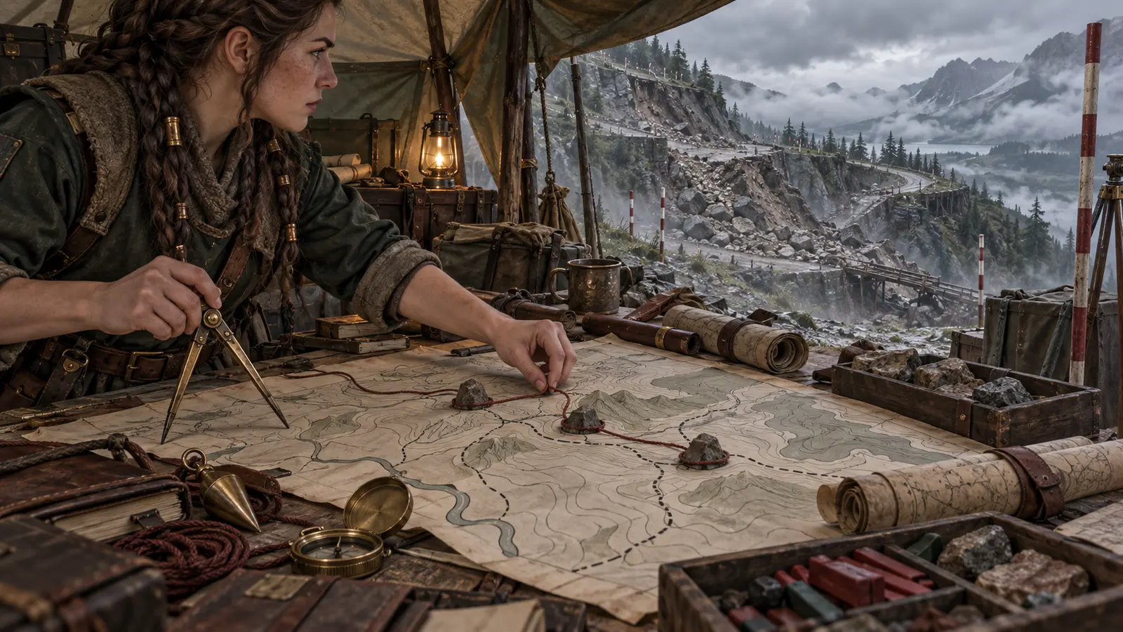 Ysolda des Trois Gués, cartographe royale nain, en activité dans son environnement.