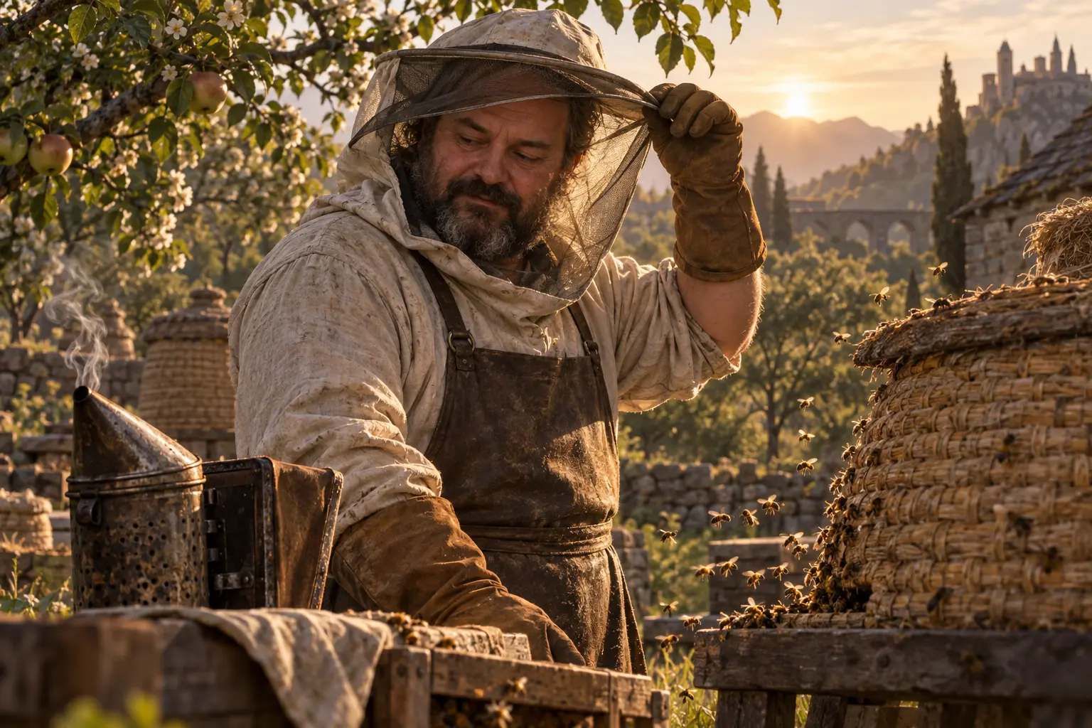 Zoran Miel-Brun, apiculteur, dans un verger paisible avec ruches en paille, voile d’apiculteur et lumière dorée naturelle.