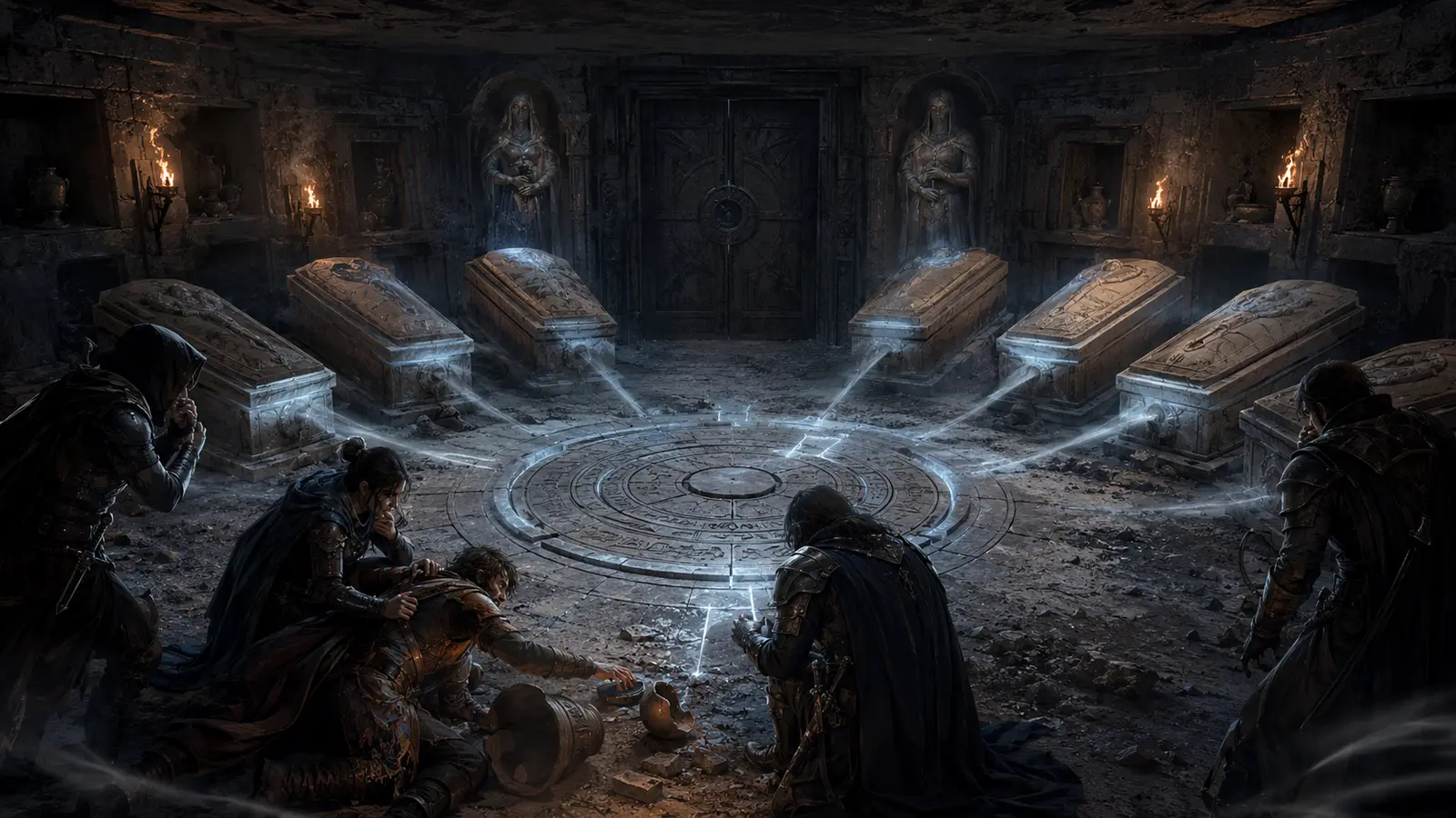 Dans une crypte, sept sarcophages entourent une dalle poussiereuse tandis que des aventuriers aident un pilleur suffocant devant une porte funéraire scellée.