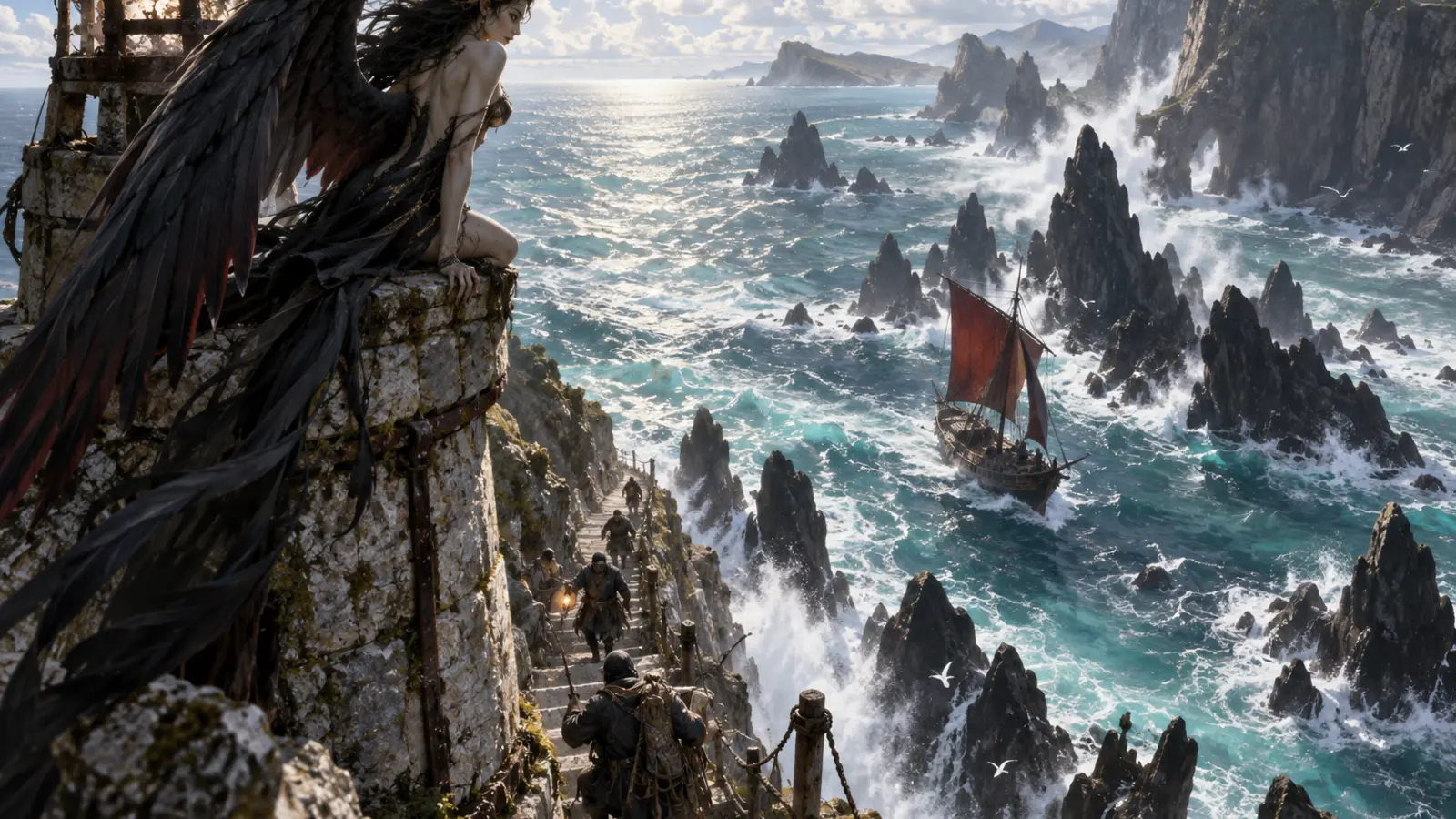 La situation de « La Harpie et le Phare » au moment où son chant attire un navire vers les récifs.