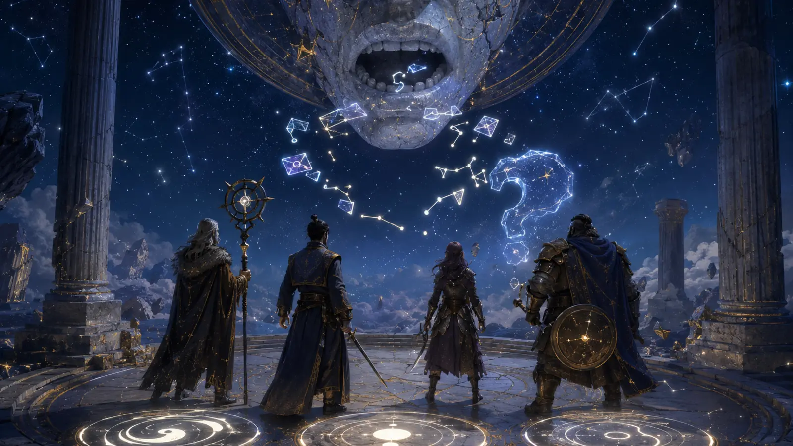 Des aventuriers dans un sanctuaire astral font face à une bouche de pierre étoilée qui prononce une prophétie avant leurs questions, tandis que trois symboles magiques brillent au sol.