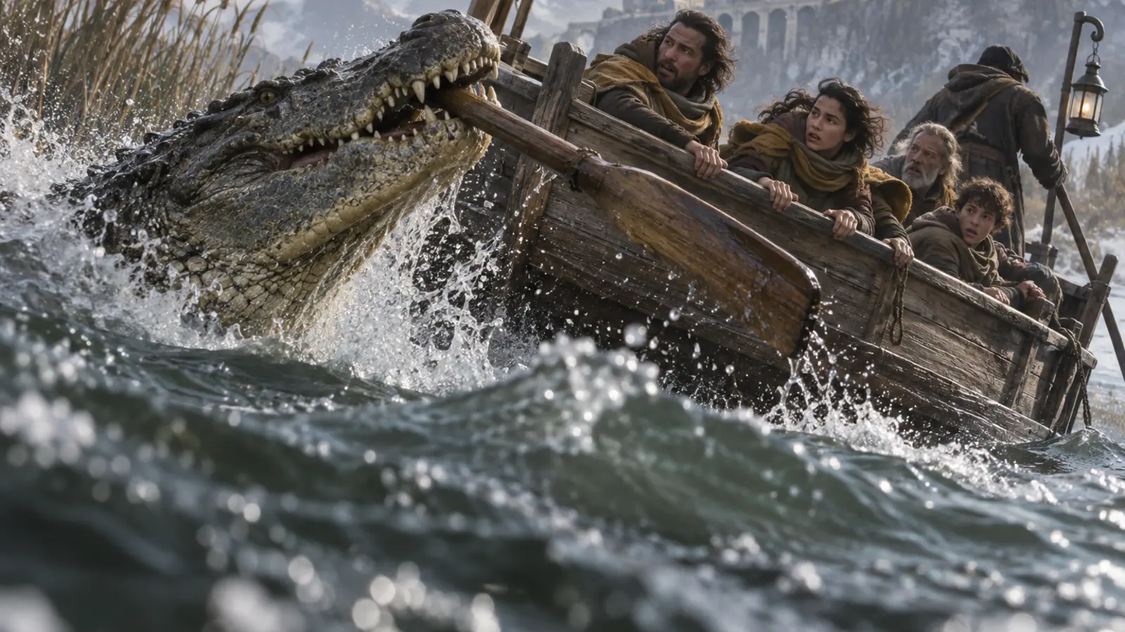 La situation de « Le Crocodile du Bac » au moment où le crocodile saisit une rame et retourne la barque.