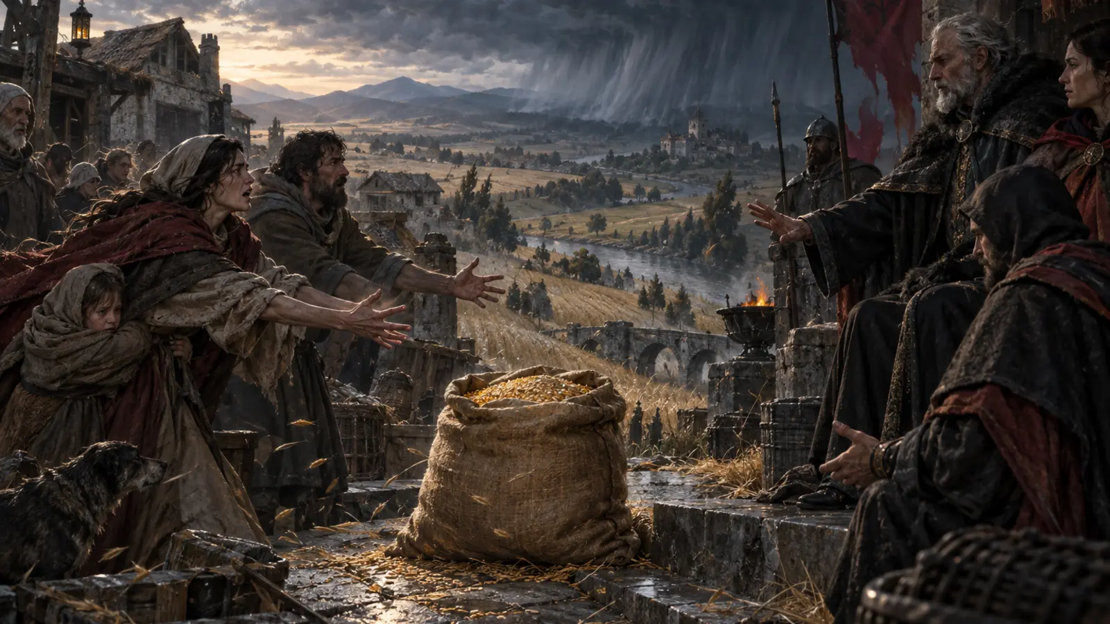 La situation de « Le Dernier Sac de Grain » au moment où la pluie commencera avant que le groupe puisse consulter le village voisin.