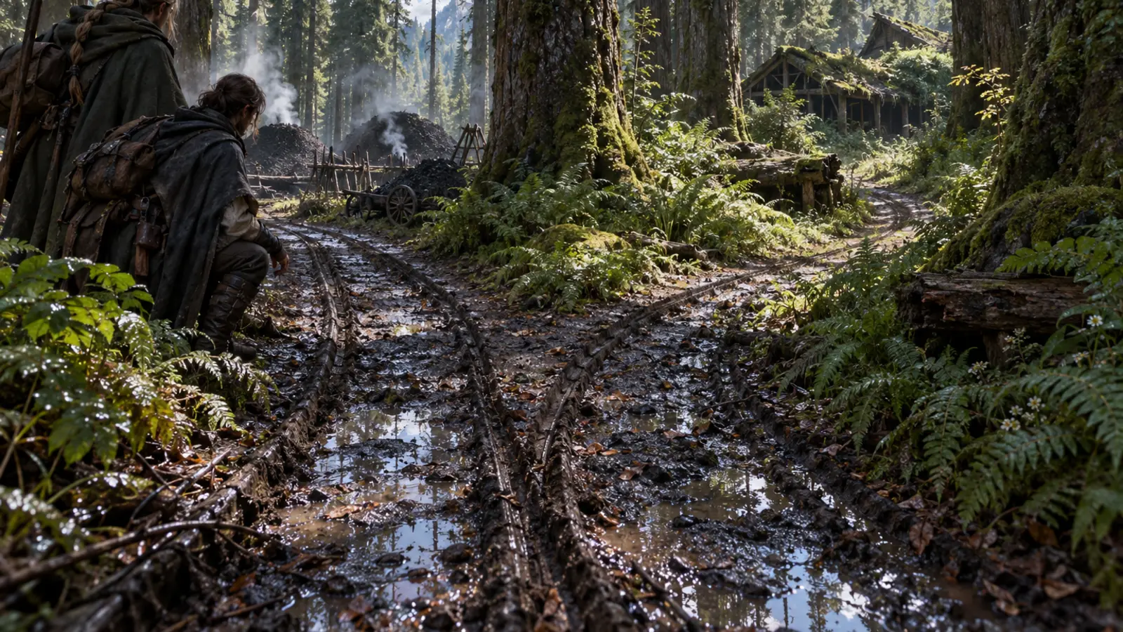 La situation de « Le Sentier des Charbonniers » au moment où des roues quittent le sentier vers un ancien abri.