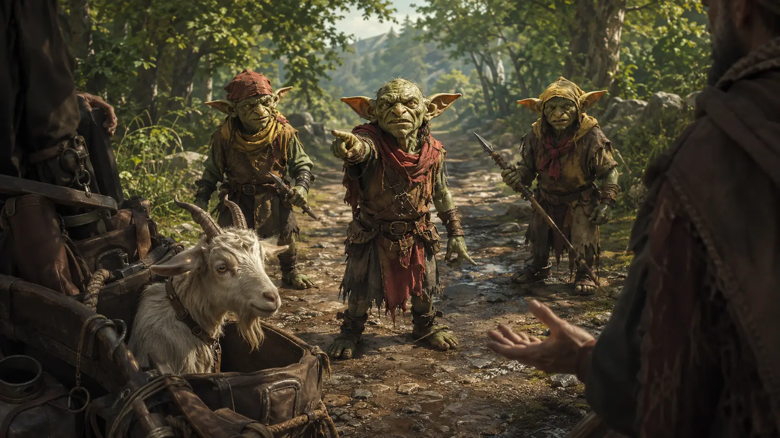 Trois gobelins nerveux barrent un chemin tandis qu'une chèvre ordinaire sort la tête des bagages des aventuriers.