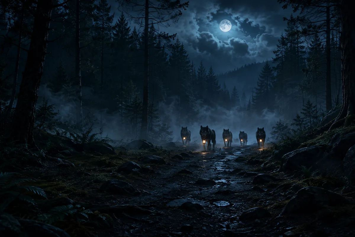 Loups sombres portant des lanternes dans une forêt nocturne brumeuse.