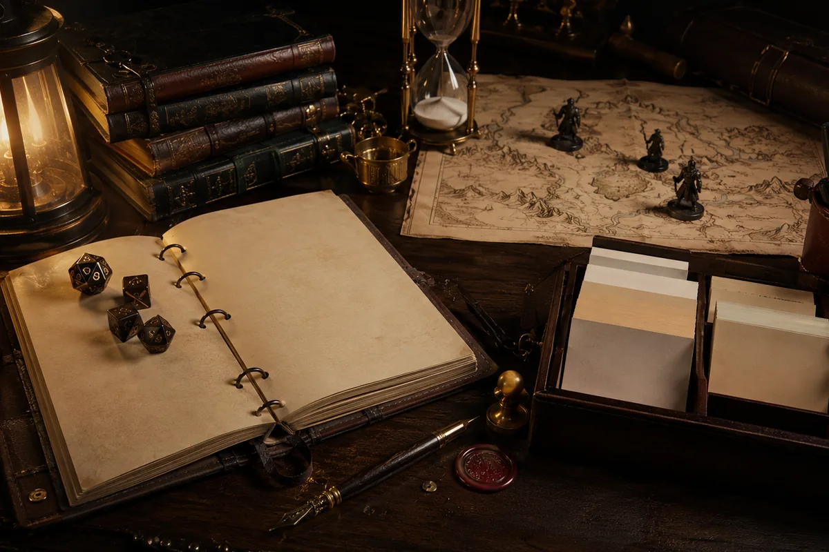 Bureau de maître du jeu avec carnet ouvert, carte, sablier, dés et notes organisées.