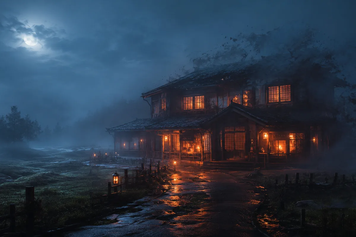 Une auberge isolée dans une brume nocturne, éclairée de l’intérieur et semblant s’effacer.