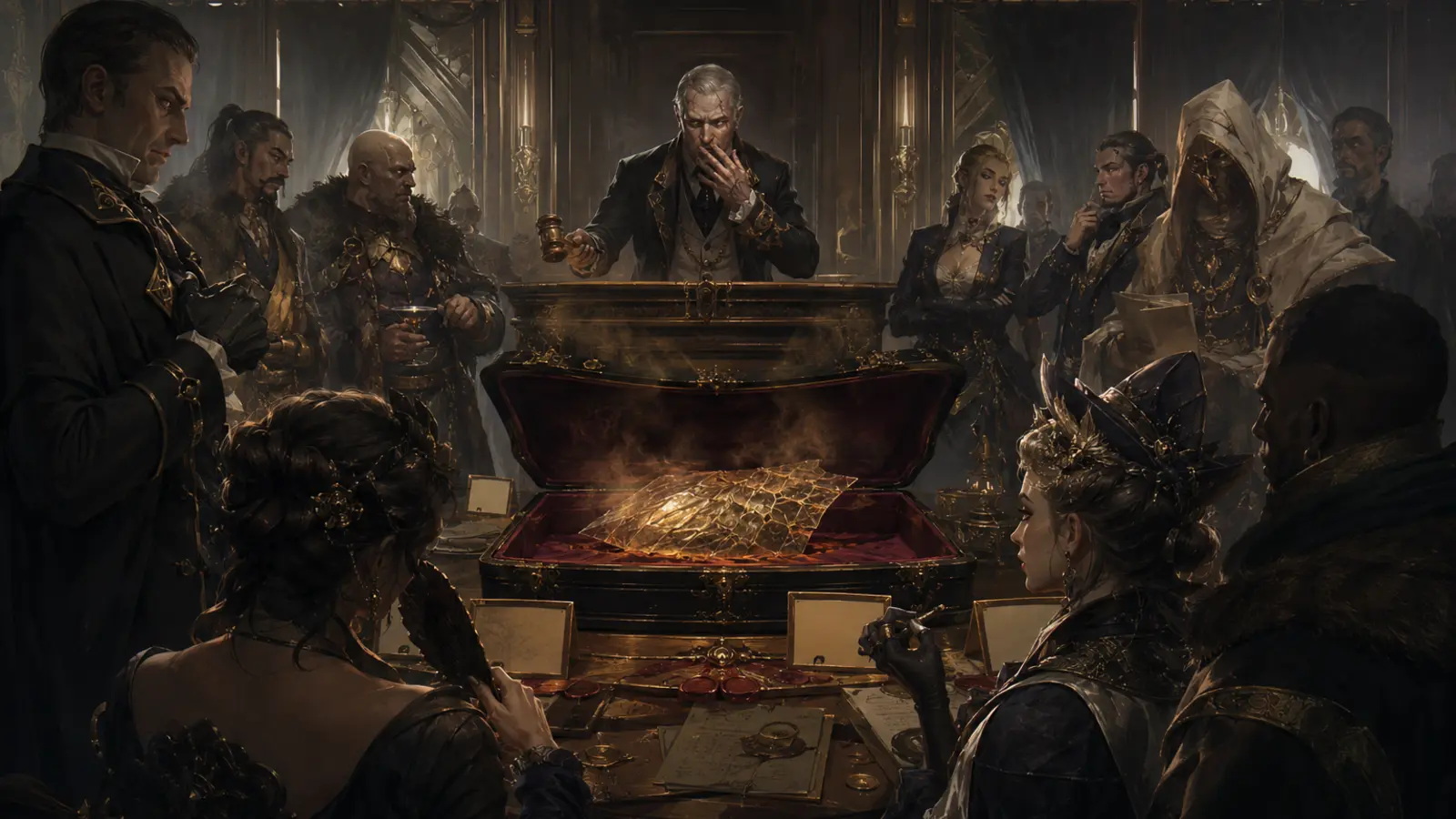 Salle d'enchères élégante où un coffret fumant, des acheteurs tendus et un marteau fendu perturbent la vente.