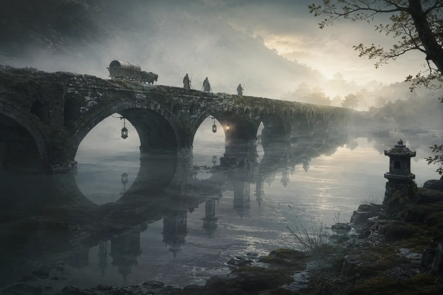 Un long pont de pierre traversé une brume pale, borde de lanternes eteintes suspendues à des arches anciennes.