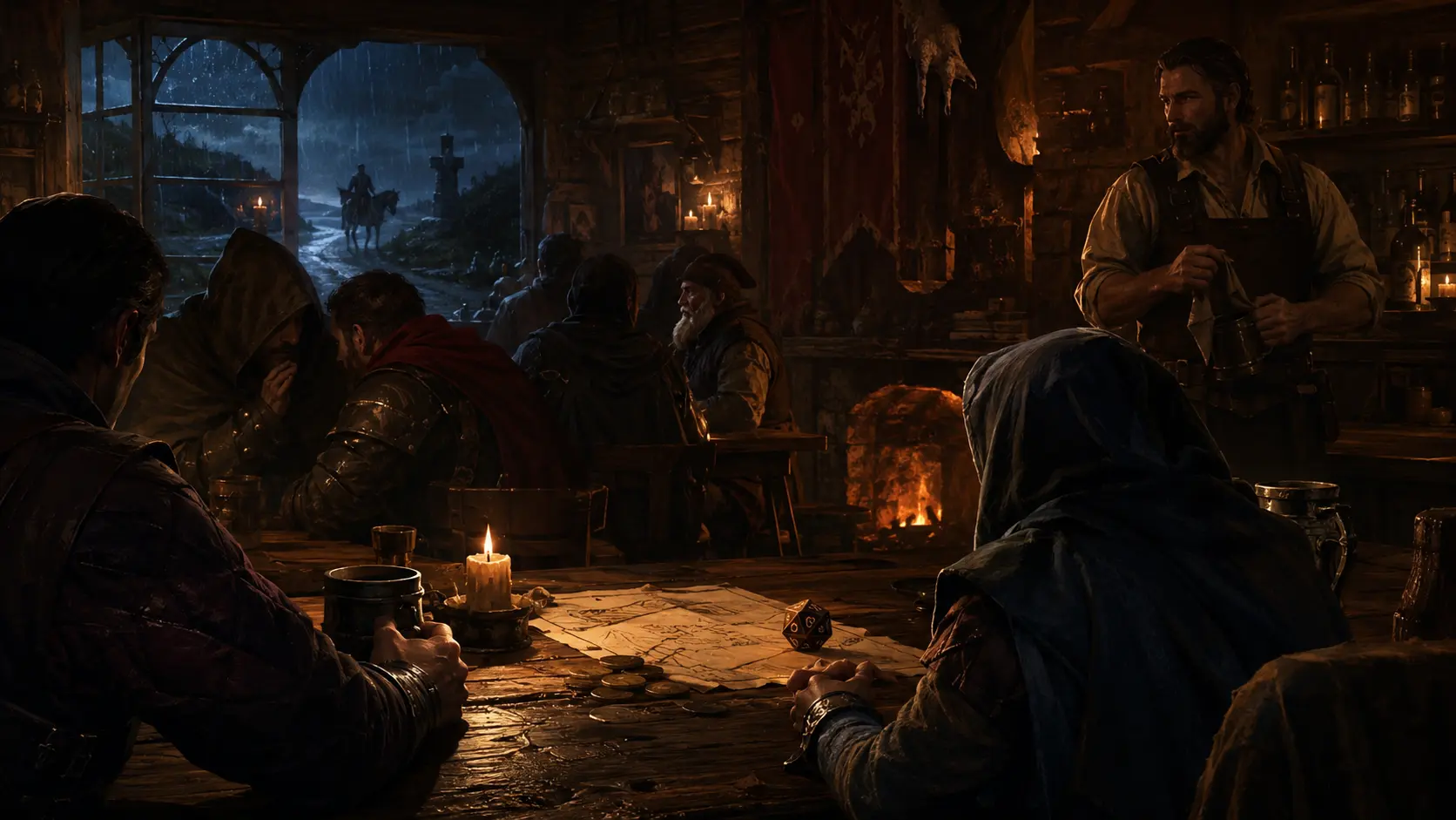 Dés, chopes et papiers griffonnés sur une table de taverne.