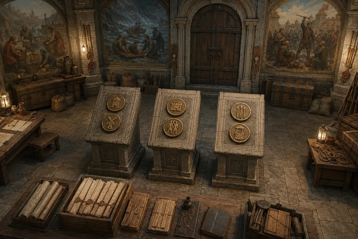 Une salle civique de pierre avec trois pupitres et six jetons de bronze à associer.