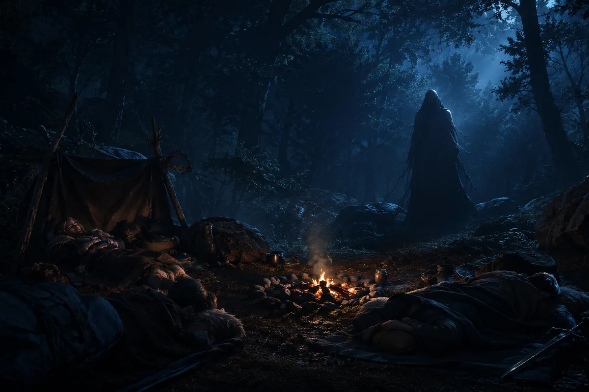 Campement nocturne avec feu presque éteint et silhouette menaçante au bord de la lumière.